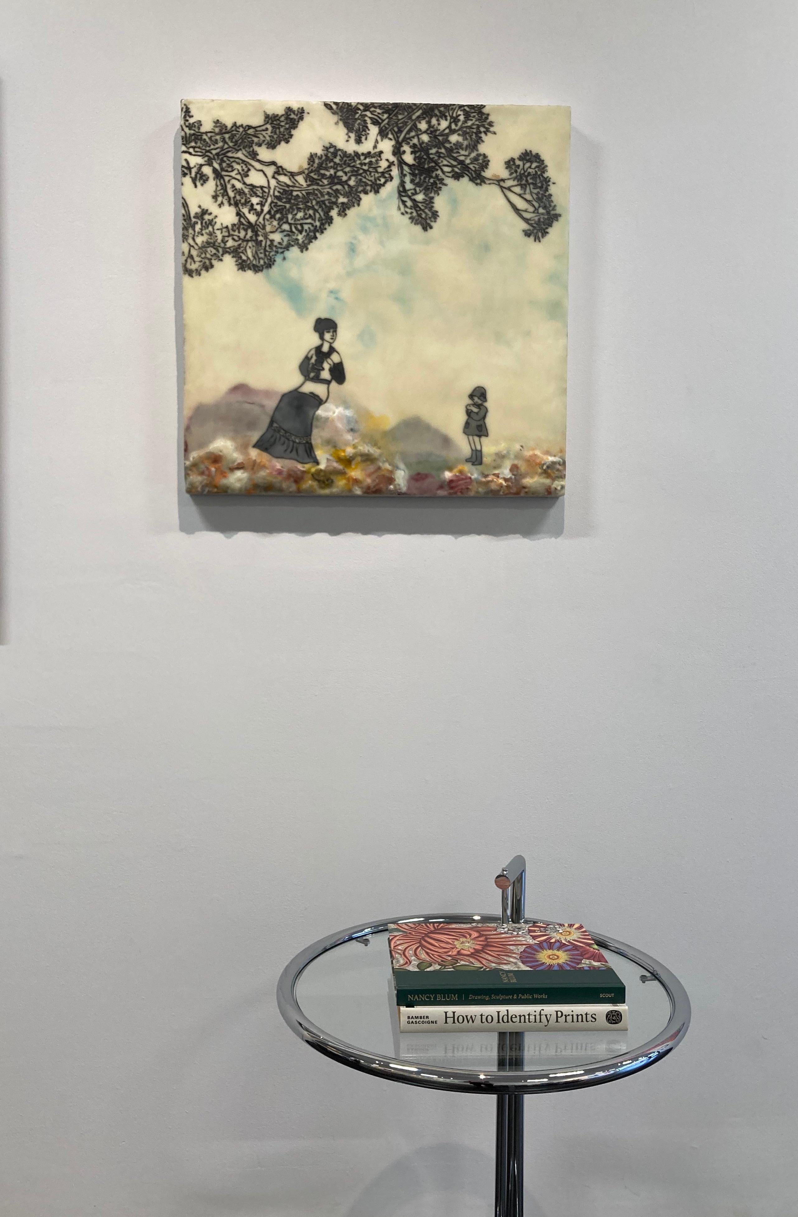 Open Seating - Encaustic Landscape Figures Mutter und Kind Blau Gelb, 2015 (Zeitgenössisch), Painting, von Cecile Chong