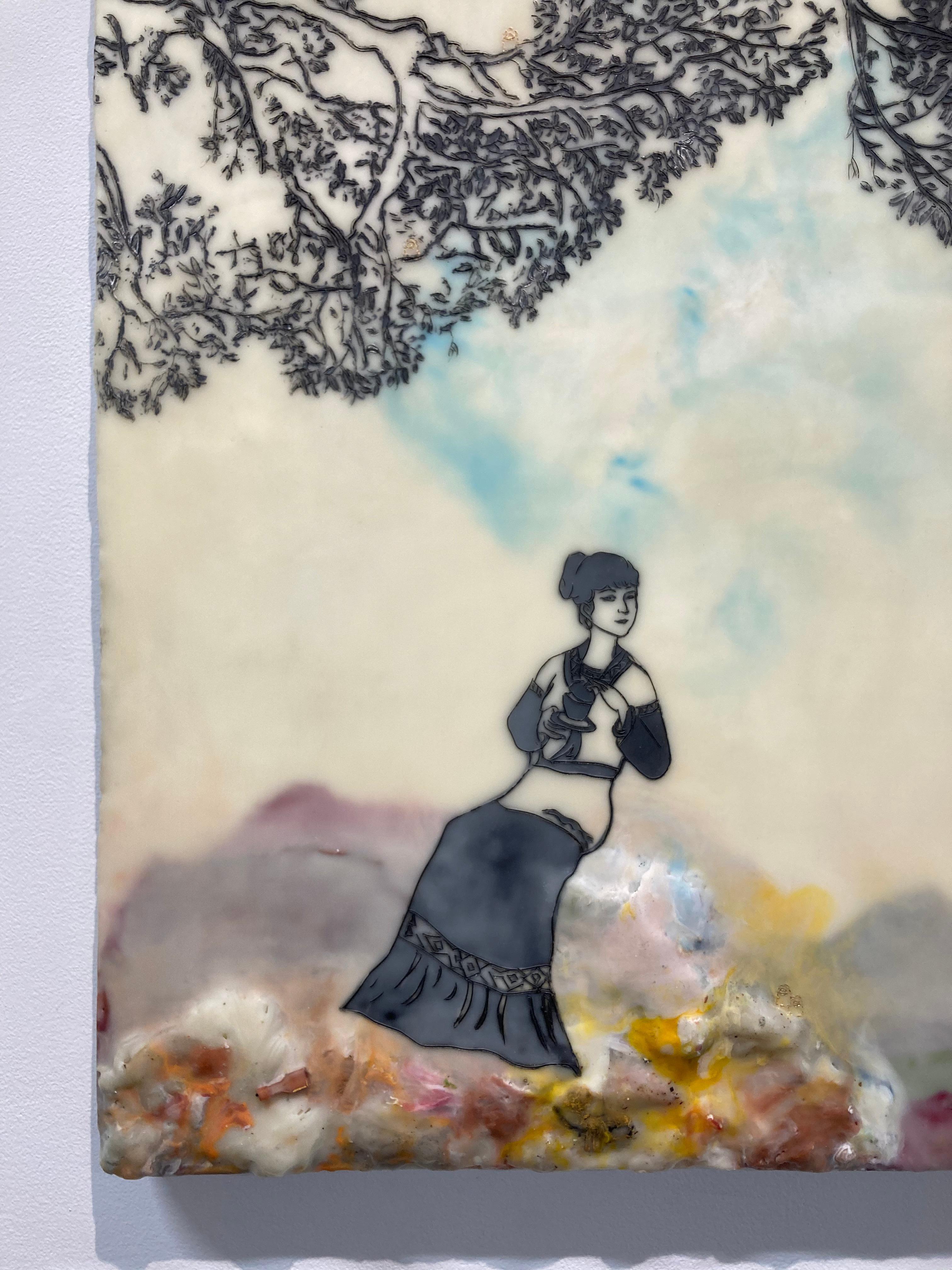 Open Seating - Encaustic Landscape Figures Mutter und Kind Blau Gelb, 2015 (Beige), Landscape Painting, von Cecile Chong
