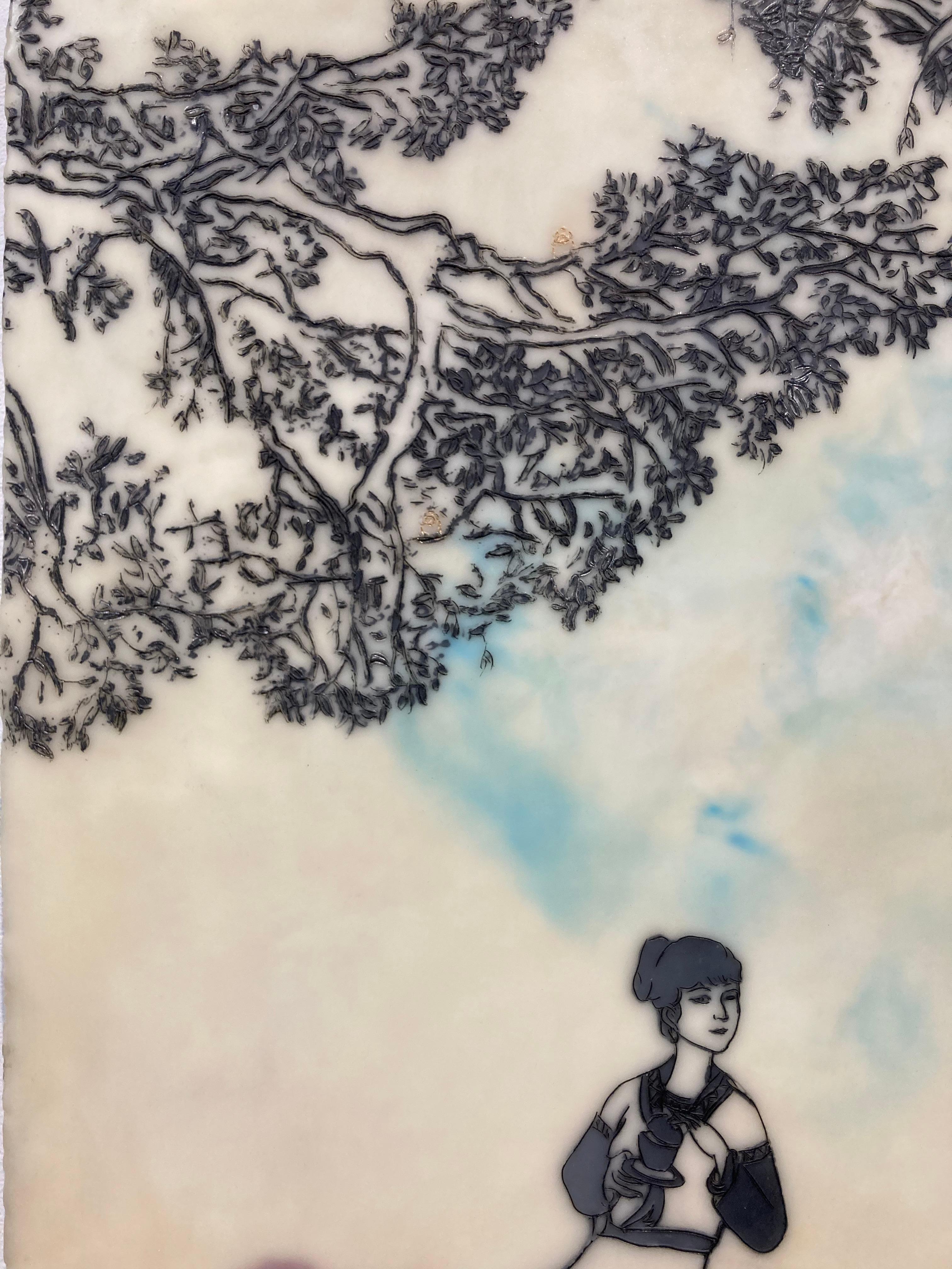 Open Seating - Encaustic Landscape Figures Mutter und Kind Blau Gelb, 2015 im Angebot 1