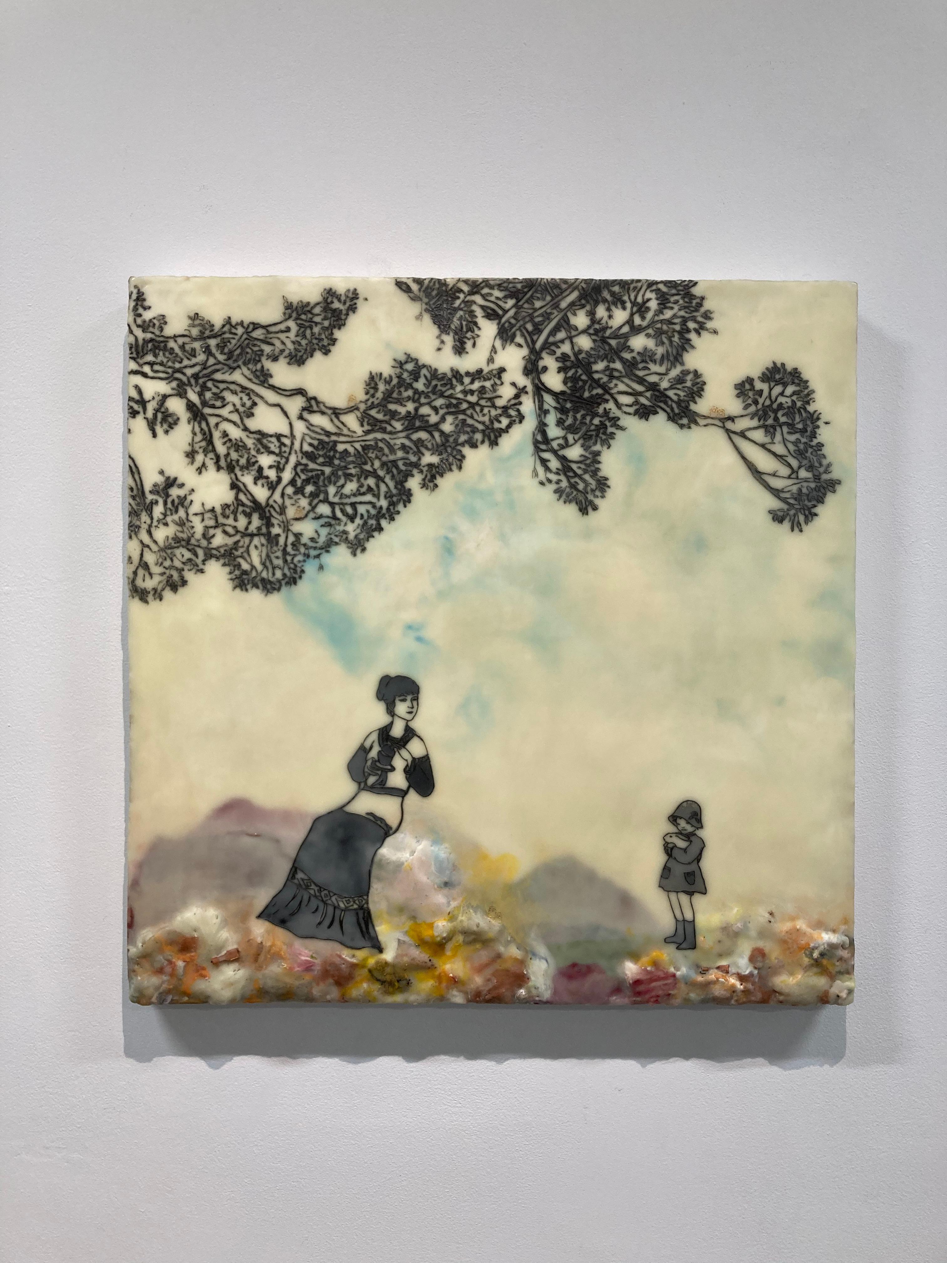 Open Seating, Encaustic Landscape, Figures, Mother and Child, Blue, Yellow - Painting by Cecile Chong