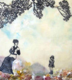 Open Seating, Encaustic Landscape, Figures, Mother and Child, Blue, Yellow