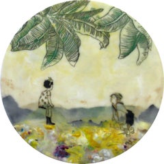 Portrait ou paysage à l'encaustique jaune, personnages, femme, enfant, palmiers