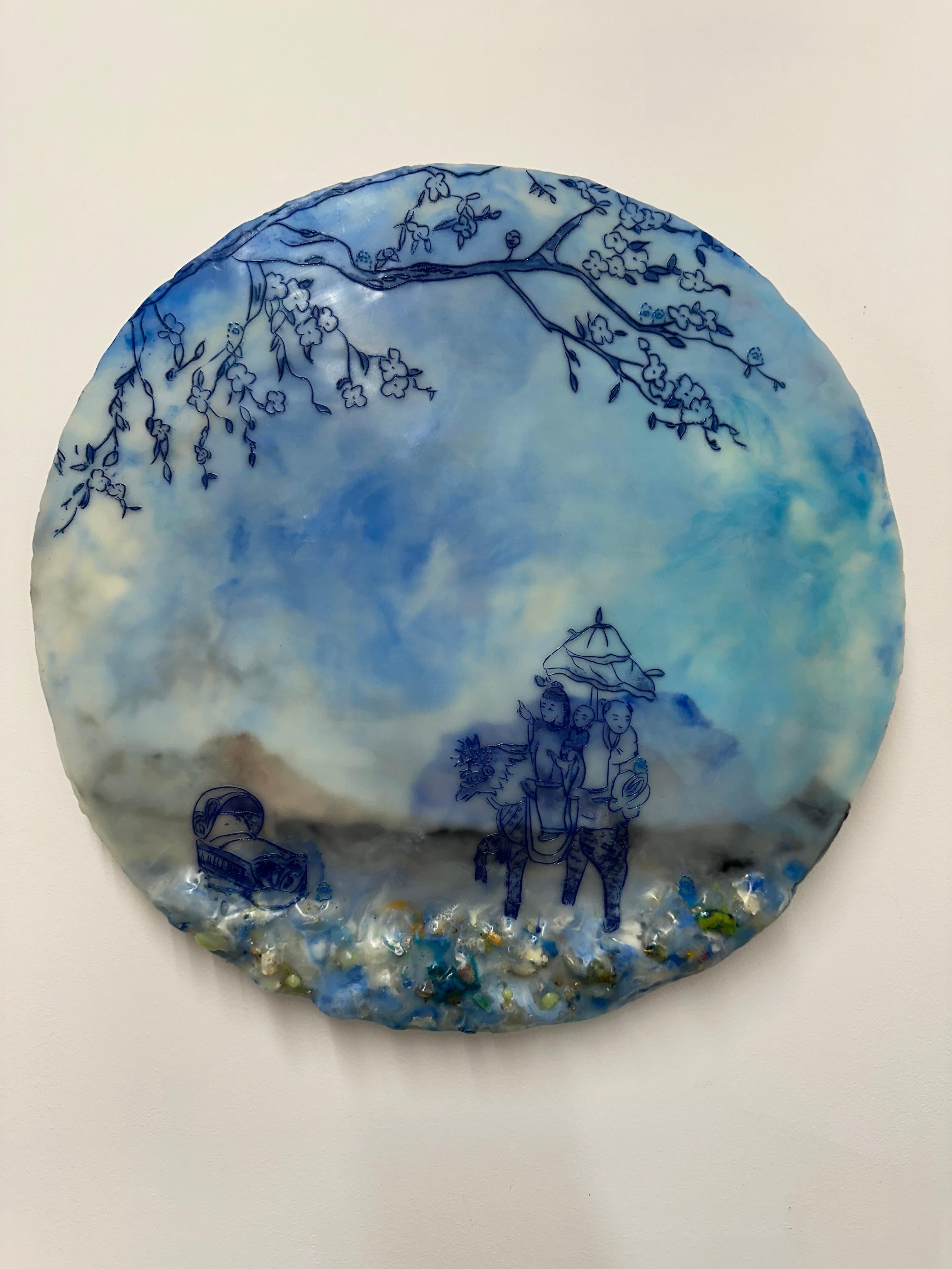 Area di sosta in blu, bambini che cavalcano animali, culla, alberi - Painting di Cecile Chong