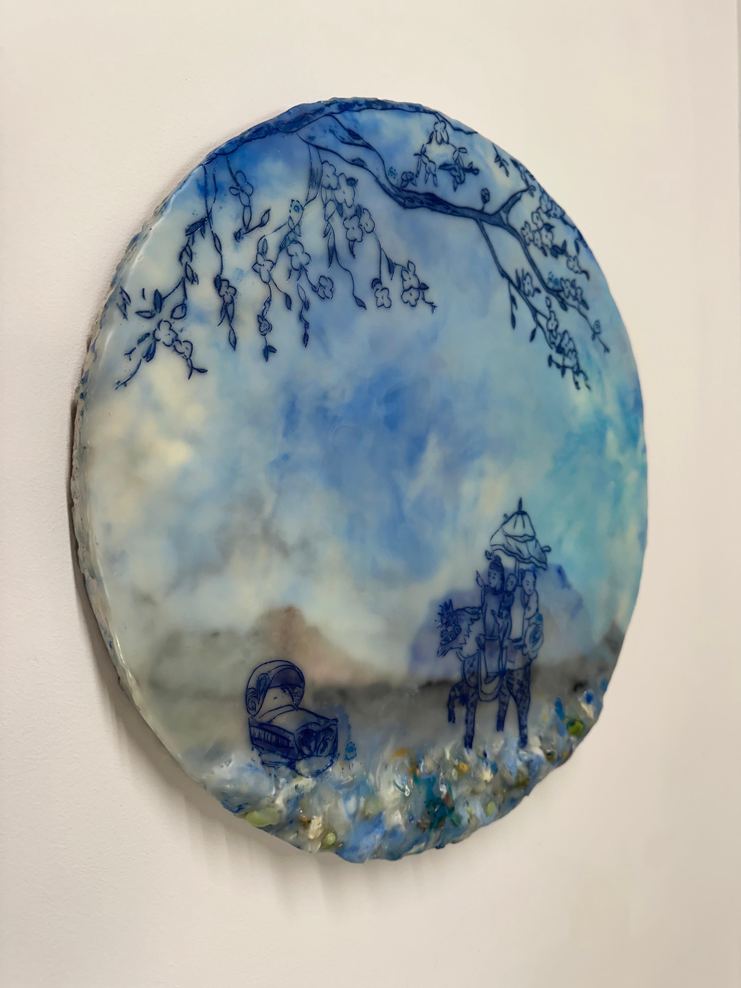 Area di sosta in blu, bambini che cavalcano animali, culla, alberi - Painting Contemporaneo di Cecile Chong