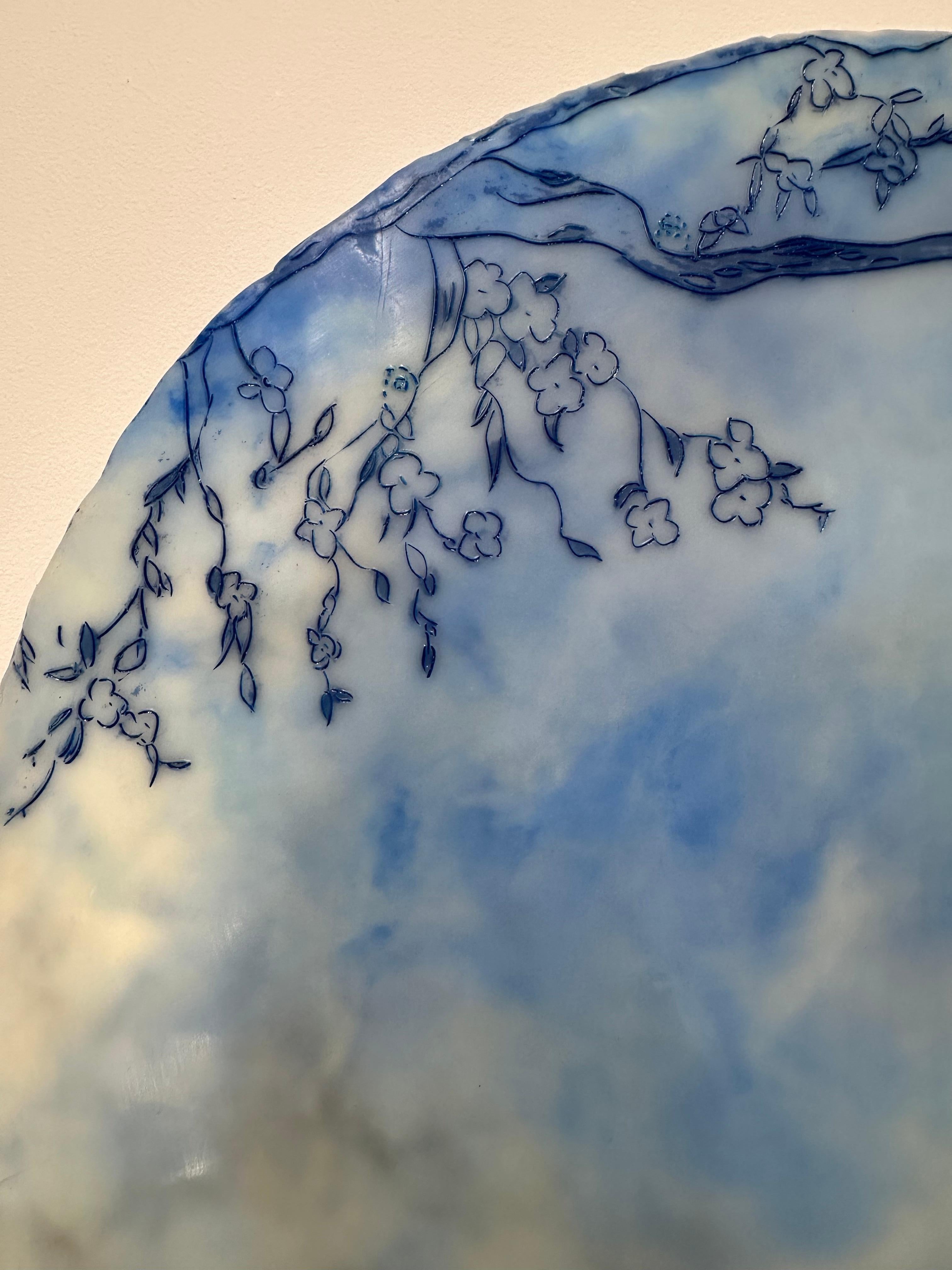 Area di sosta in blu, bambini che cavalcano animali, culla, alberi - Landscape Painting Blu di Cecile Chong