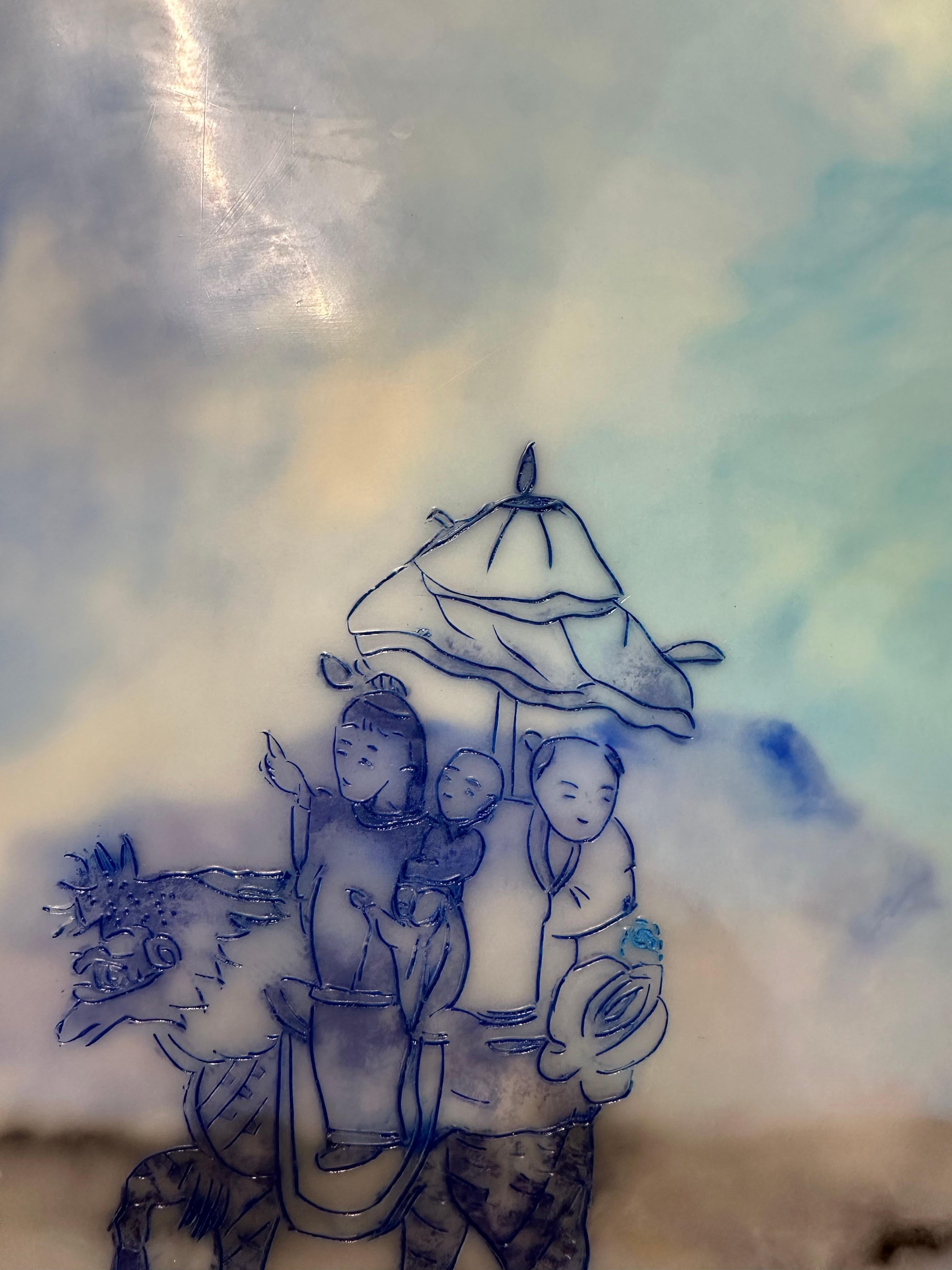 Area di sosta in blu, bambini che cavalcano animali, culla, alberi in vendita 1