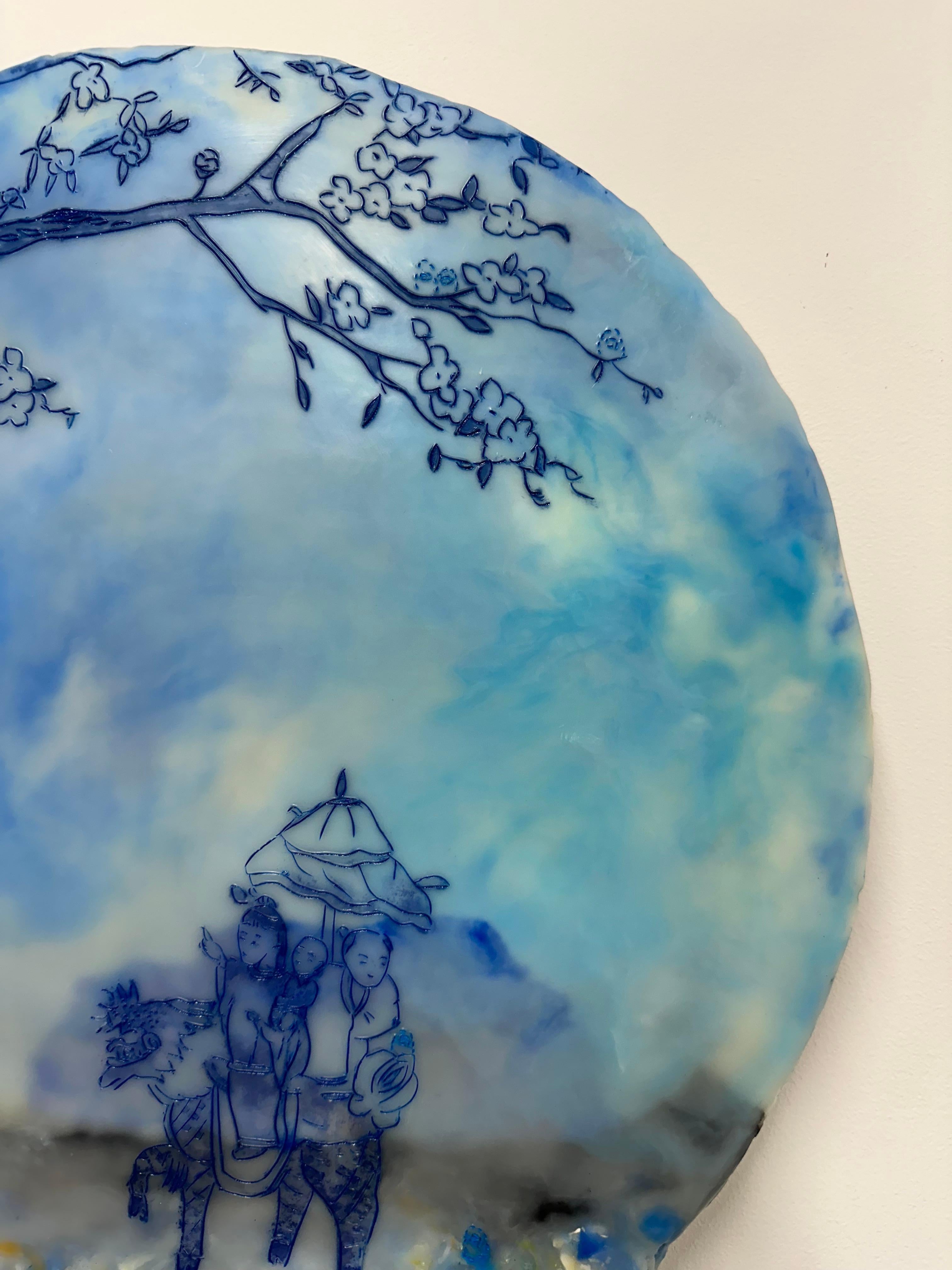 Area di sosta in blu, bambini che cavalcano animali, culla, alberi in vendita 4