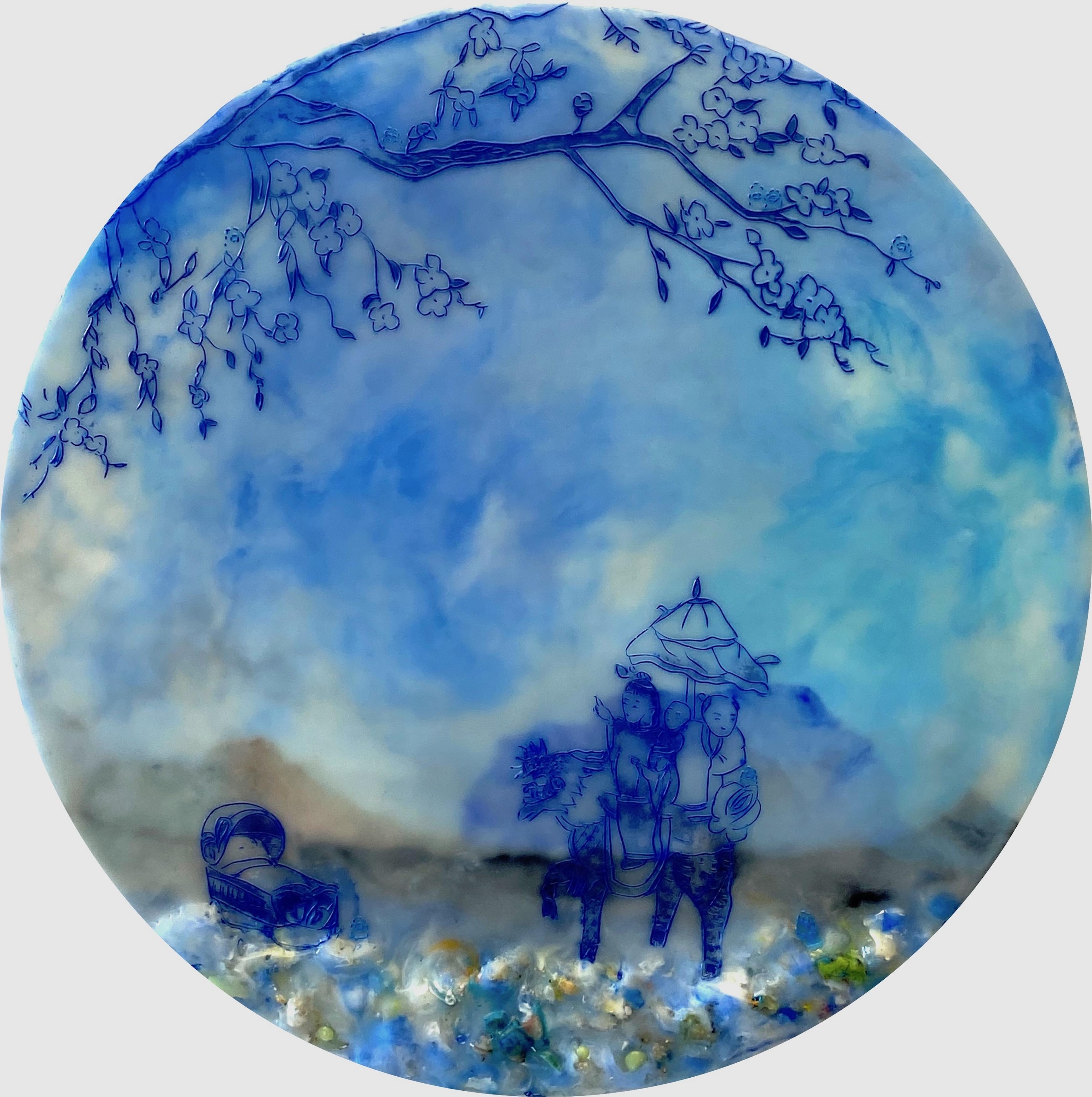 Figurative Painting Cecile Chong - Rest Stop In Blue - Circle Landscape Children Riding Animal Trees, 2021