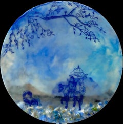 Halte routière en bleu - Cercle Paysage Enfants à cheval Animaux Arbres, 2021