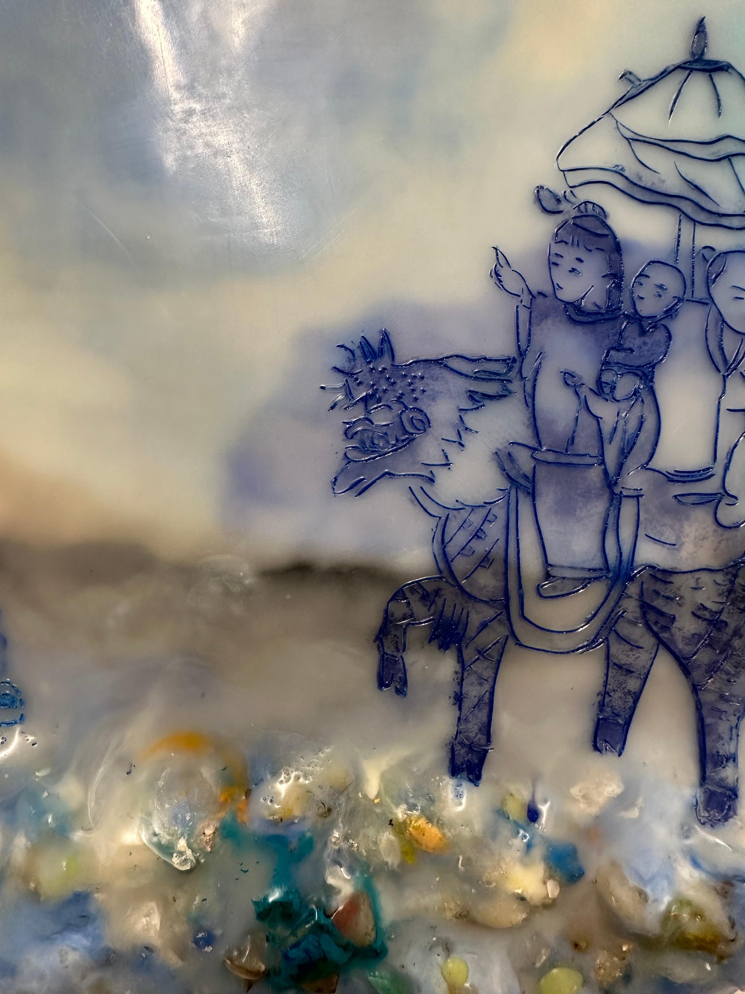 Rest Stop In Blue - Landscape With Children Riding Animal Trees,  2021 For Sale 6