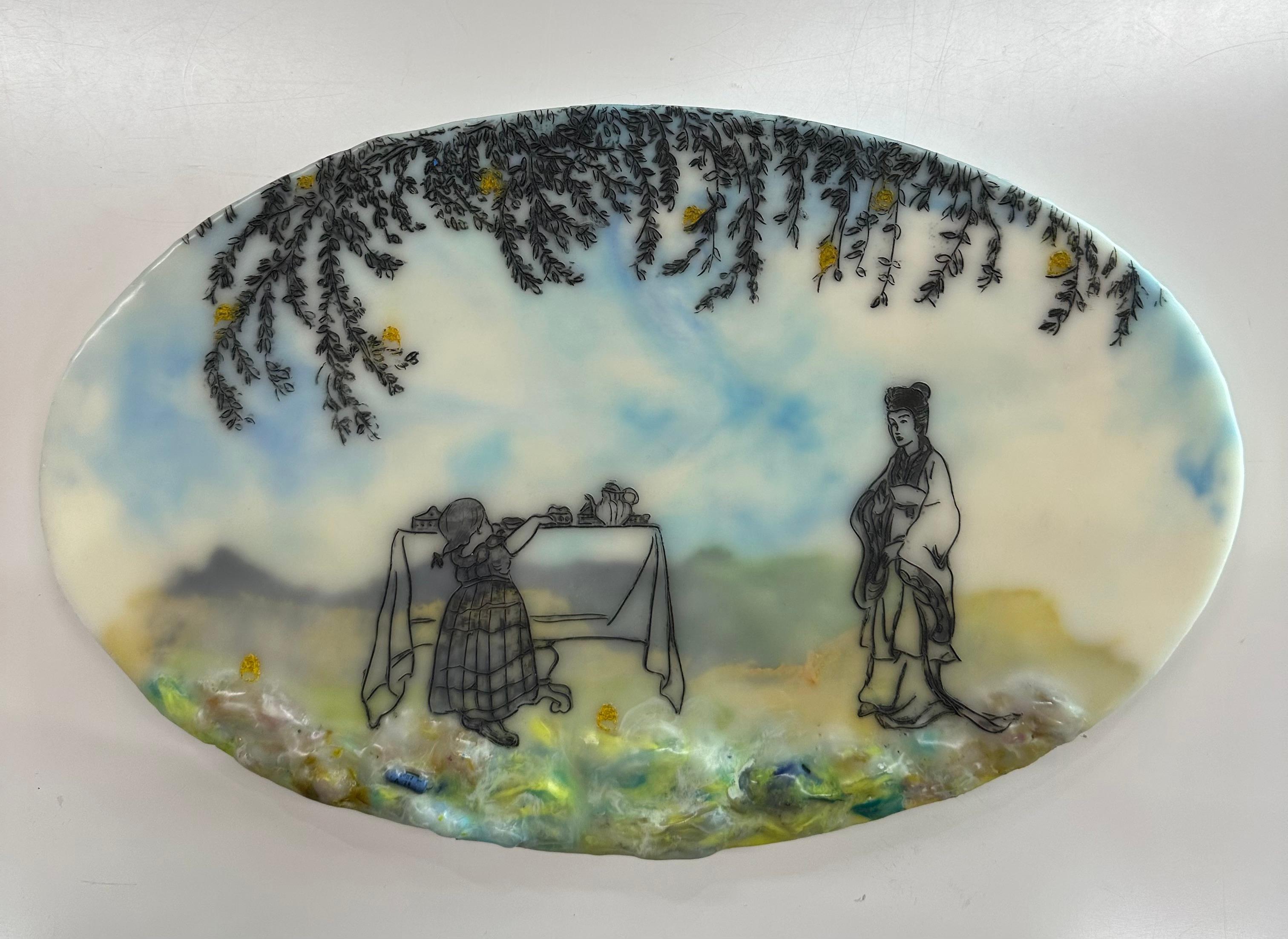 Autoservicio - Niño Figura Femenina Mesa Árboles Azul Cielo Verde Amarillo Oval, 2021 - Painting de Cecile Chong