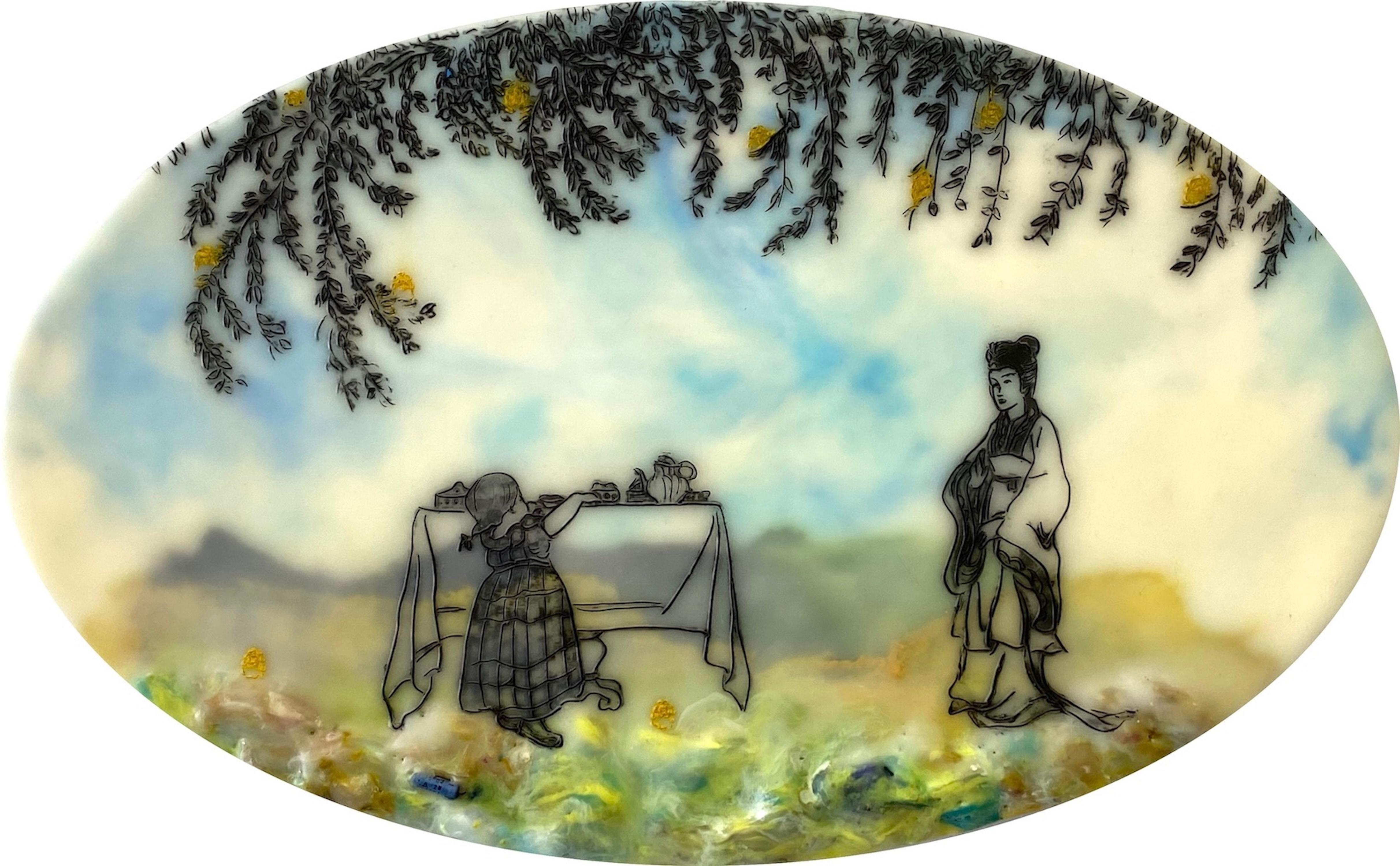 Cecile Chong Figurative Painting – Self Service - Child Female Figure Table Trees Sky Blue Green Yellow Oval, 2021