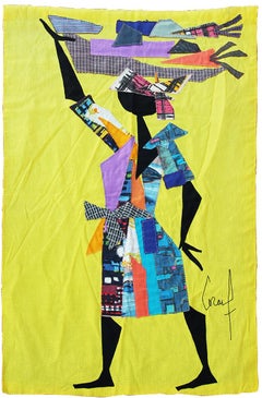 Colorful Tapestry of an Abstract Woman in a Patchwork Garment Carrying a Basket