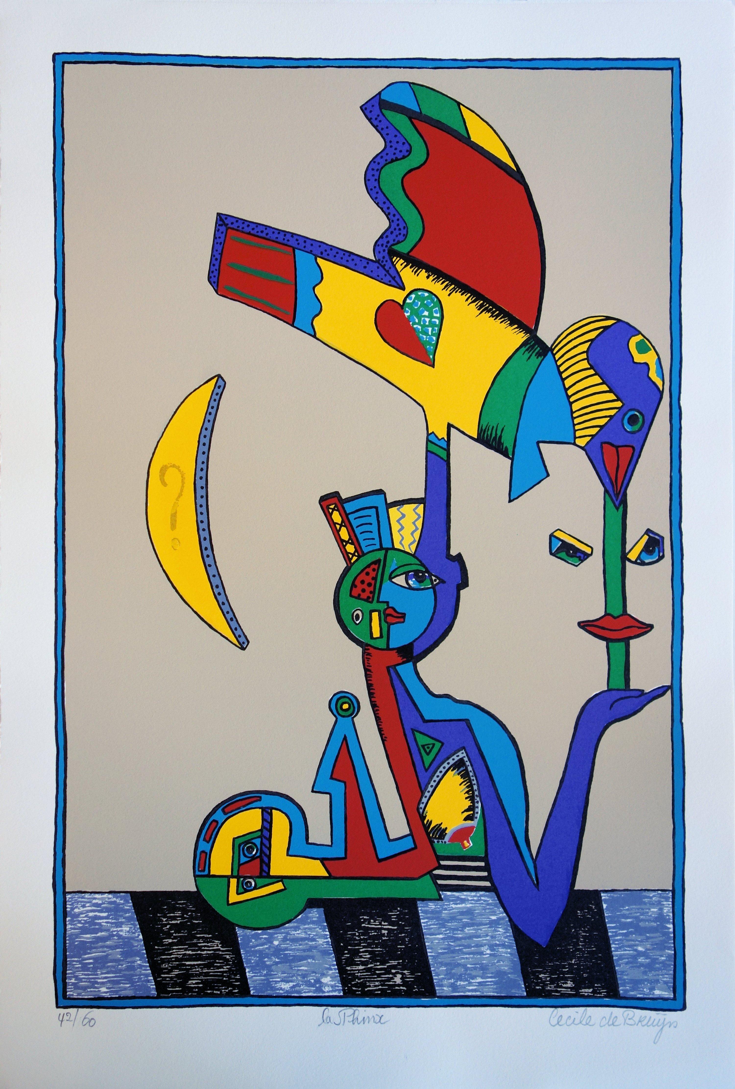 Cecile De Bruijn Abstract Print – Sphinx und Vogel - Original handsignierter Siebdruck /60ex