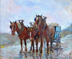 Horses Pulling Hay - Belgian Post-Impressionist Oil on Board Painting