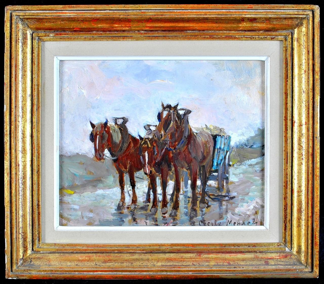 Cecile Mersch Landscape Painting - Horses Pulling Hay - Belgian Post-Impressionist Oil on Board Painting