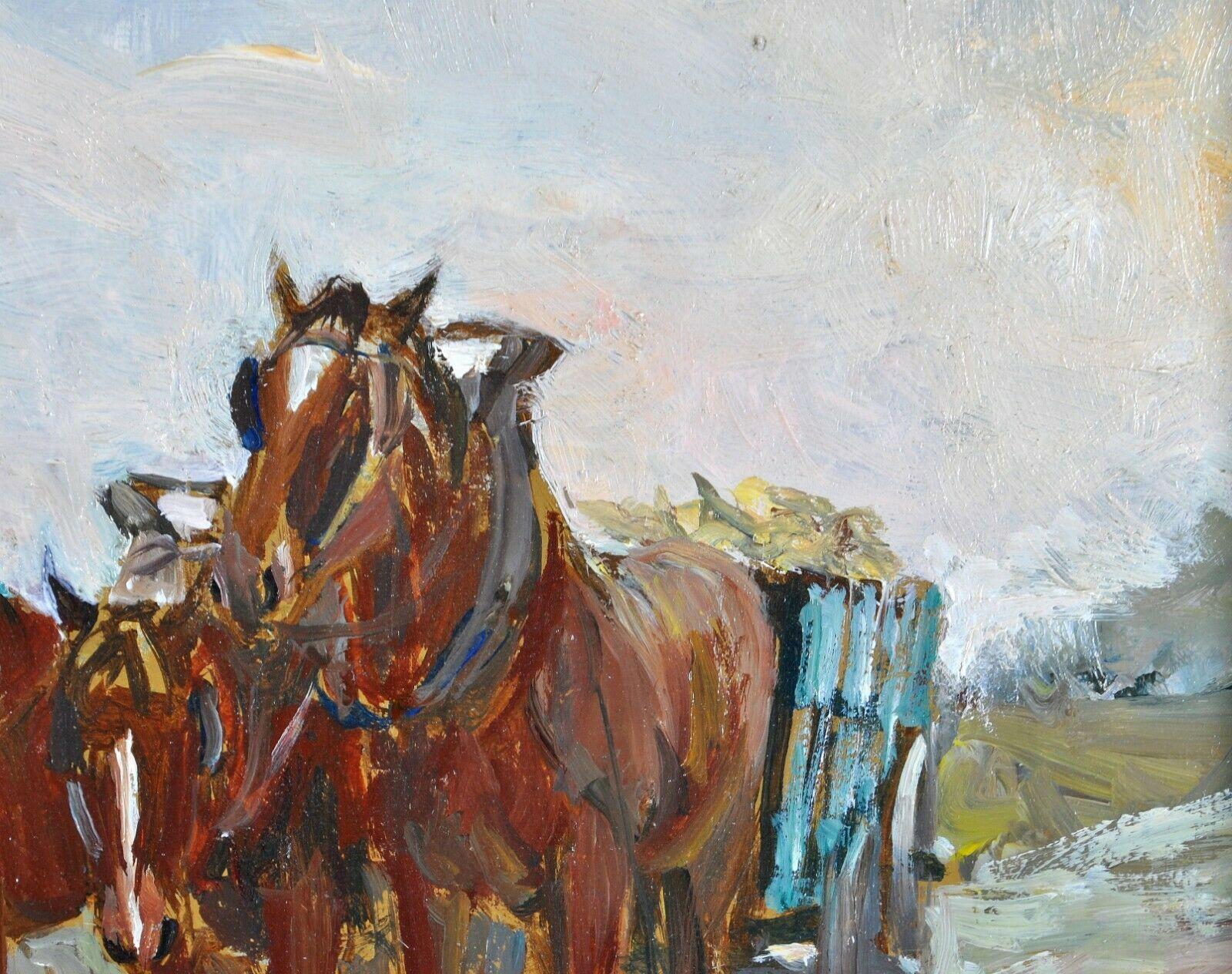 Horses Pulling Hay - Belgian Post-Impressionist Oil on Board Painting - Beige Landscape Painting by Cecile Mersch