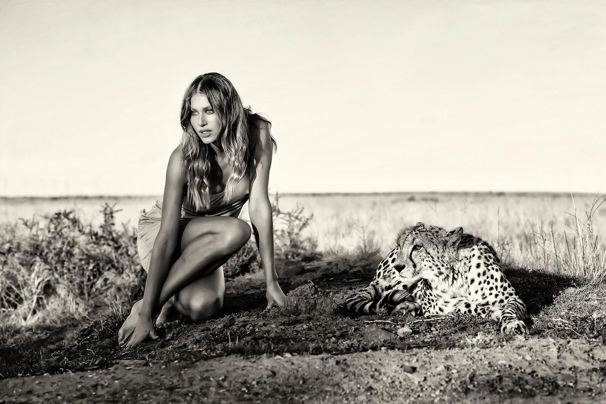 "Something in the way",  black and white photograph of a cheetah by Cécile Plaisance.

In her new series of black and white photographs, taken in South Africa, Cécile Plaisance immerses her models in a nature that is unfortunately in danger, free