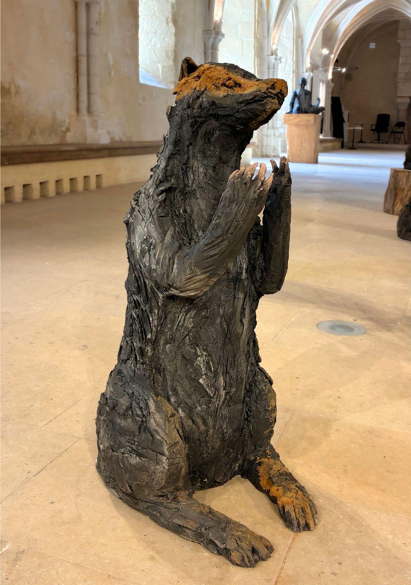 Badger by Cécile Raynal - Animal smoke-fired stoneware sculpture, fable, clay For Sale 1