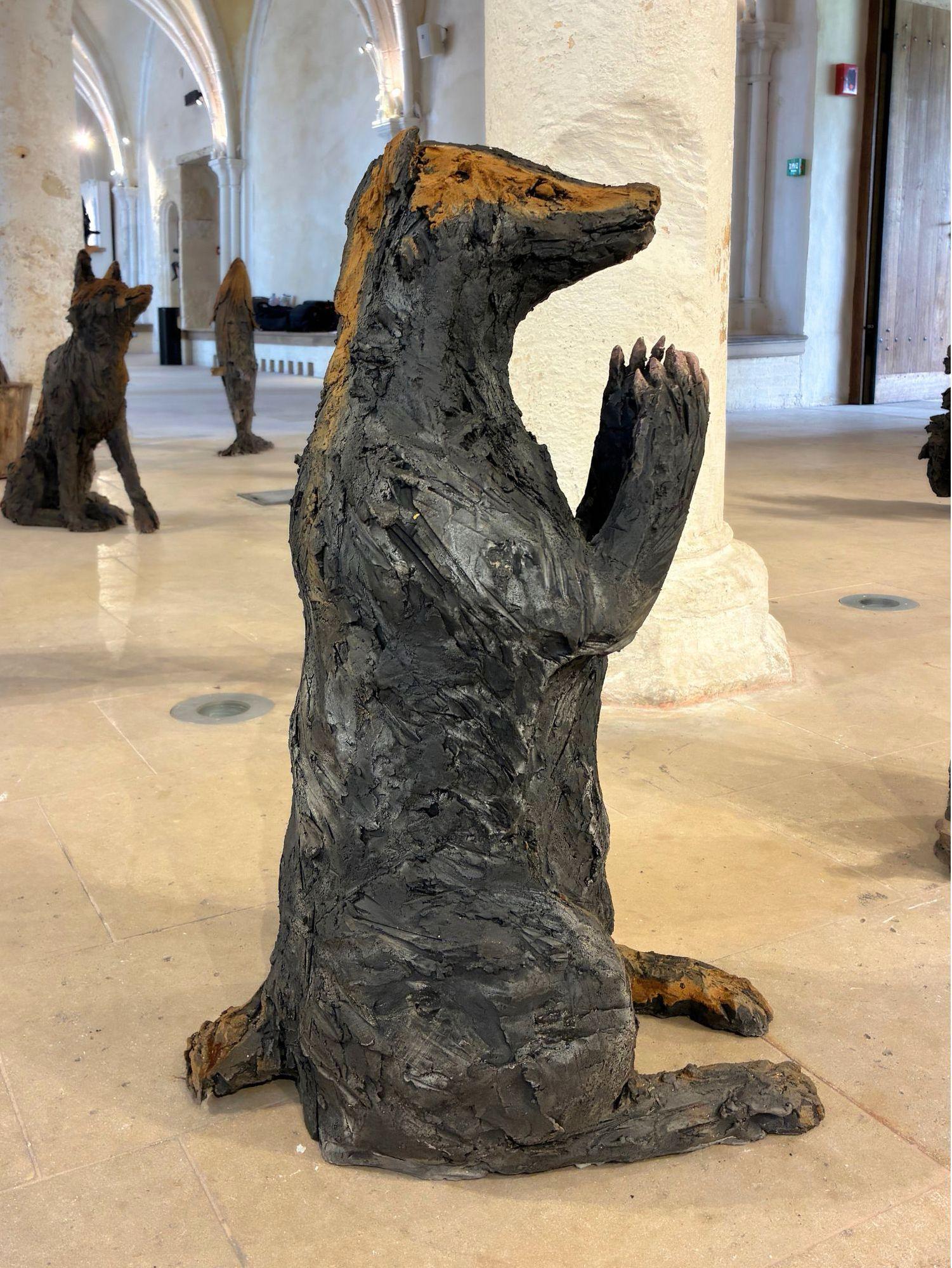 Badger is a unique smoke-fired stoneware, resin, plaster and clay sculpture by French contemporary artist Cécile Raynal, dimensions are 80 × 36 × 52 cm (31.5 × 14.1 × 20.4 in). This sculpture is unique and comes with an authenticity certificate.