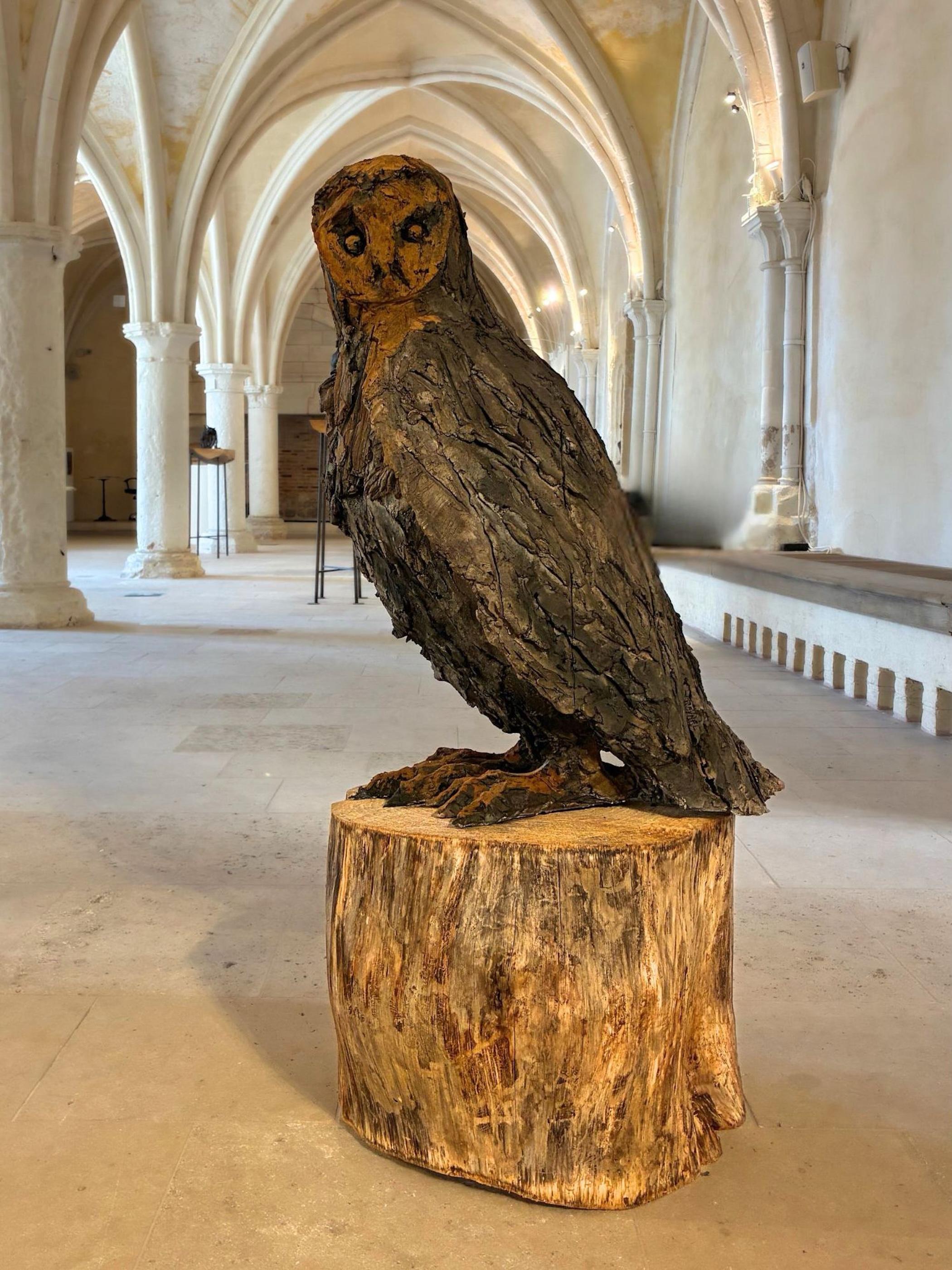 Barn Owl ist eine einzigartige Skulptur der französischen Künstlerin Cécile Raynal aus rauchgebranntem Steingut, Harz, Gips und Ton mit den Maßen 75 × 52 × 60 cm. Diese Skulptur ist einzigartig und wird mit einem Echtheitszertifikat geliefert. 
Die