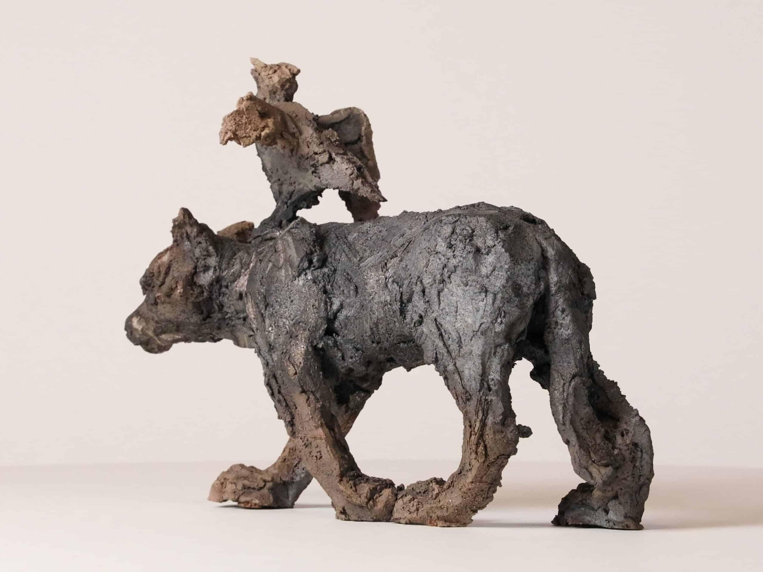 Cat/bird by Cécile Raynal - Animal figurative smoke-fired sandstone sculpture For Sale 2