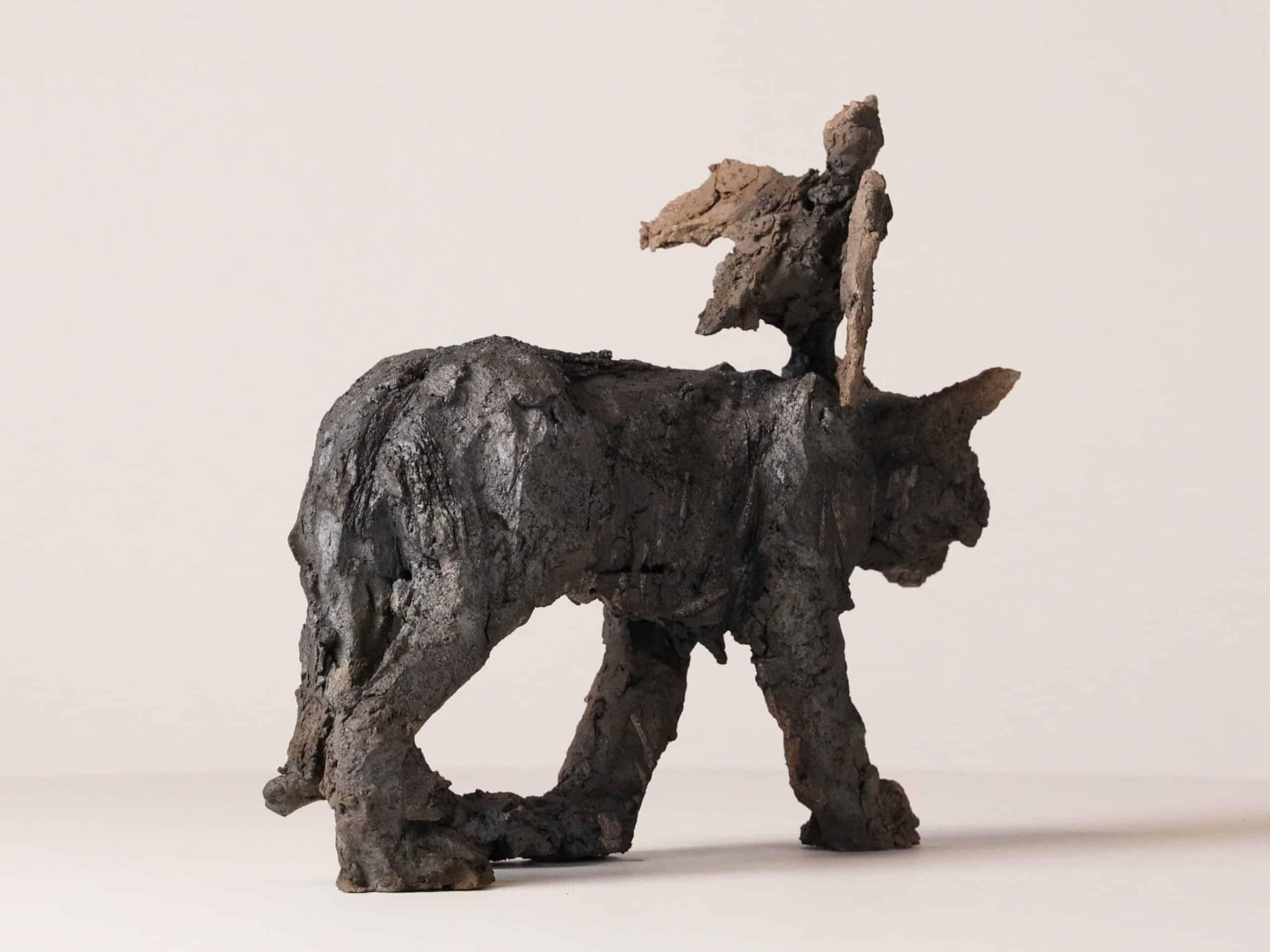 Cat/bird by Cécile Raynal - Animal figurative smoke-fired sandstone sculpture For Sale 3