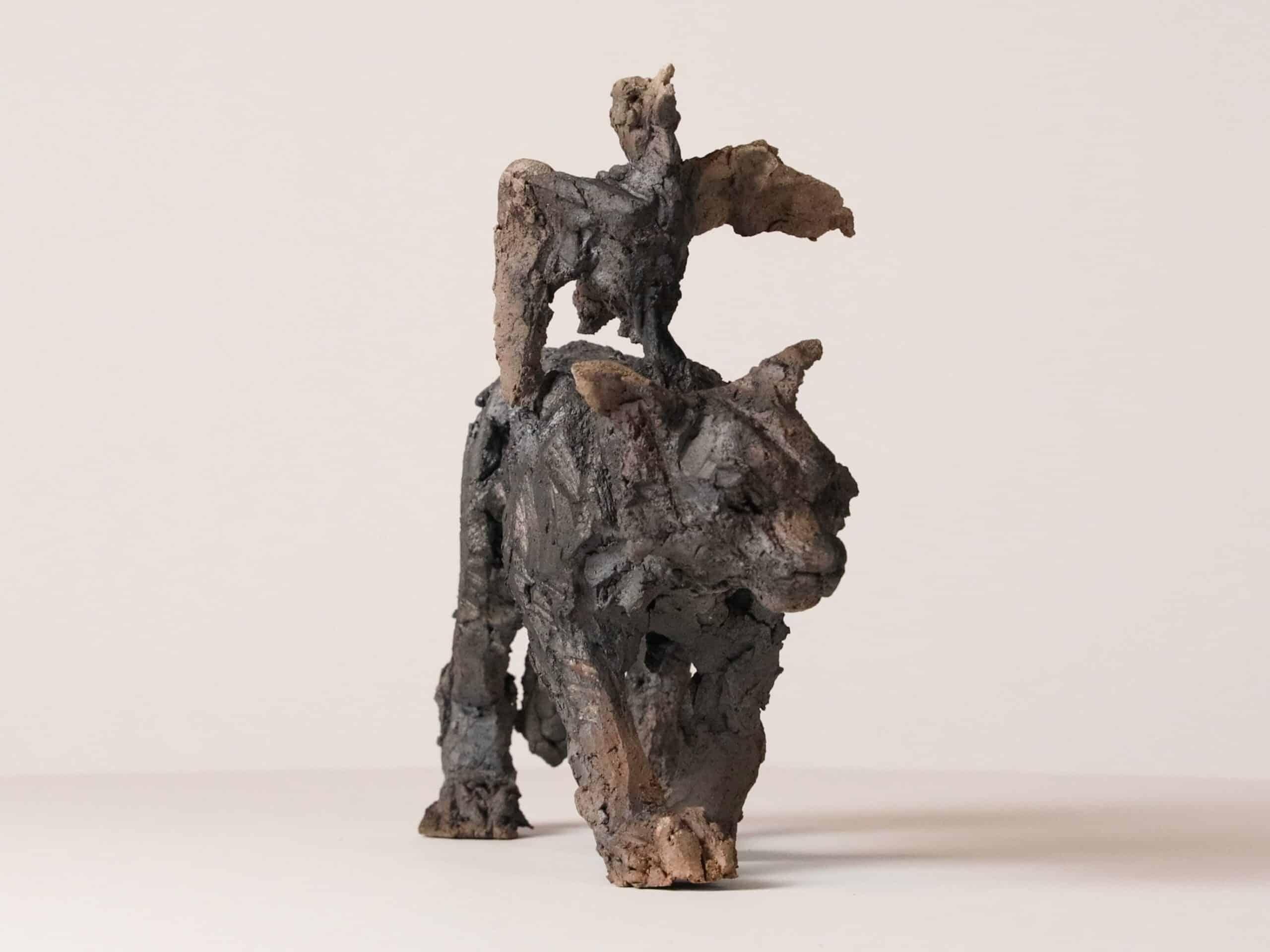 Cat/bird by Cécile Raynal - Animal figurative smoke-fired sandstone sculpture For Sale 4