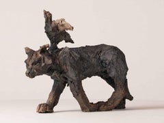 Chat/oiseau de Cécile Raynal - Sculpture figurative animalière en grès fumé