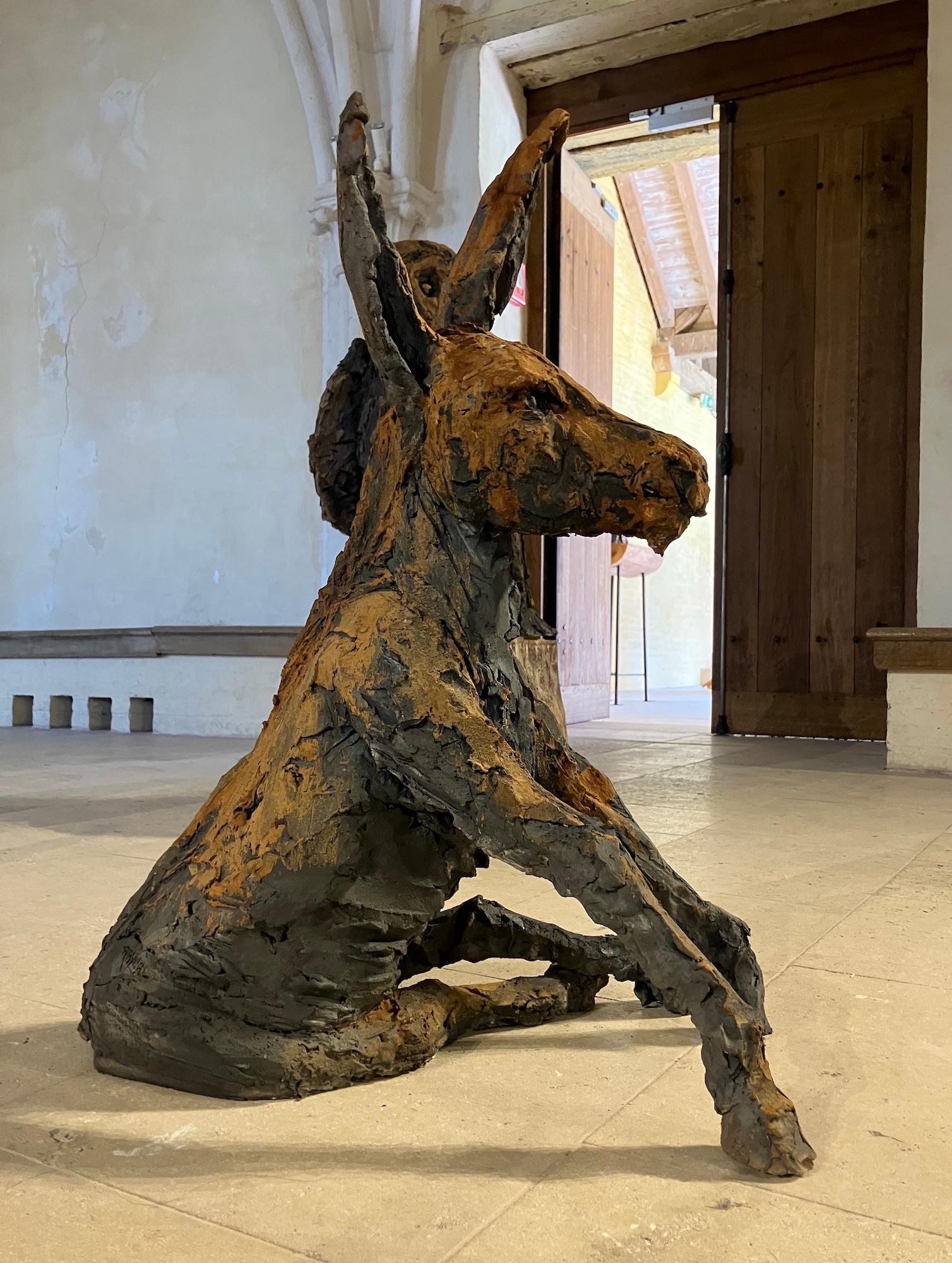 Donkey by Cécile Raynal - Animal smoke-fired stoneware sculpture, fable, clay