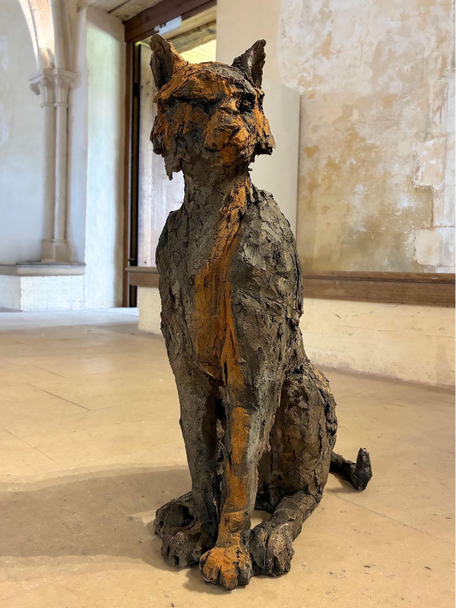 Feline by Cécile Raynal - Animal smoke-fired stoneware sculpture, fable, clay For Sale 1