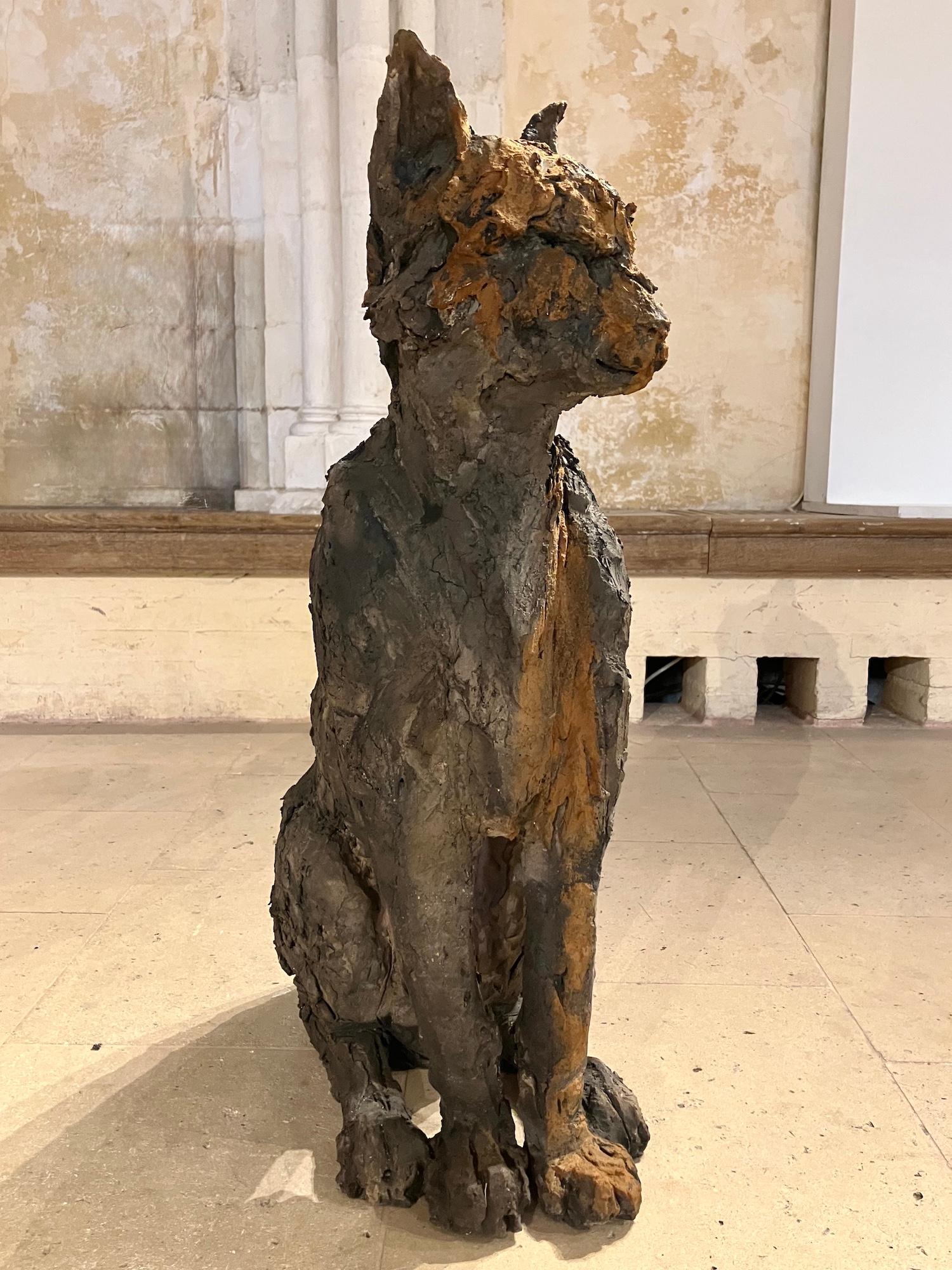 Feline by Cécile Raynal - Animal smoke-fired stoneware sculpture, fable, clay For Sale 4