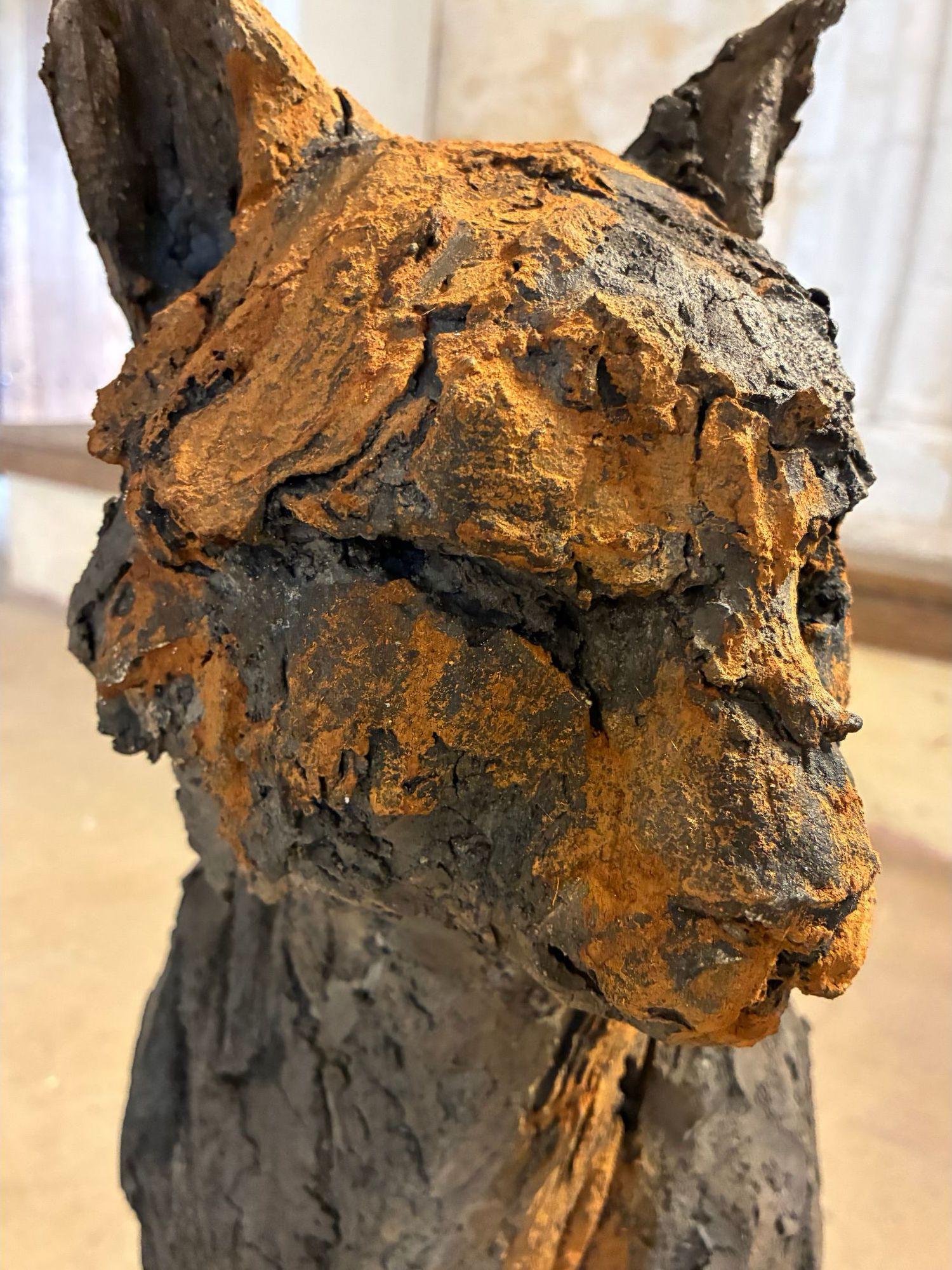 Feline by Cécile Raynal - Animal smoke-fired stoneware sculpture, fable, clay For Sale 6