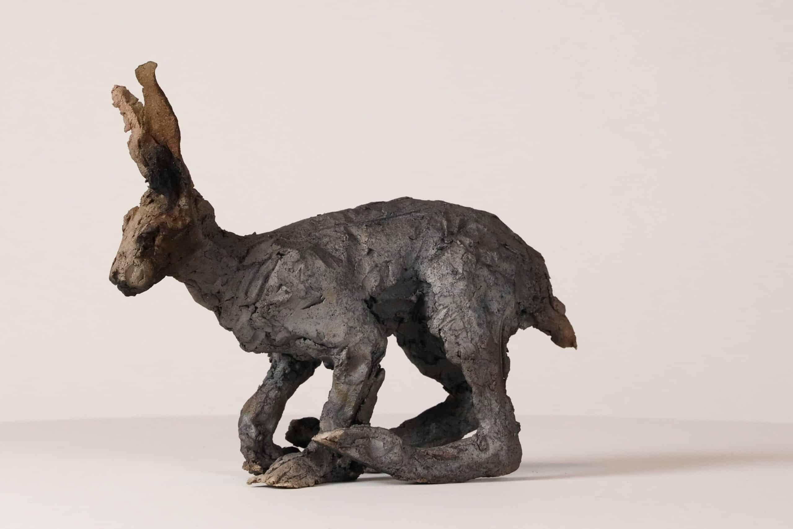 Hare is a unique smoke-fired stoneware sculpture by French contemporary artist Cécile Raynal, dimensions are 22 × 27 × 11 cm (8.7 × 10.6 × 4.3 in). 
The sculpture is a unique piece signed by the artist and comes with a certificate of