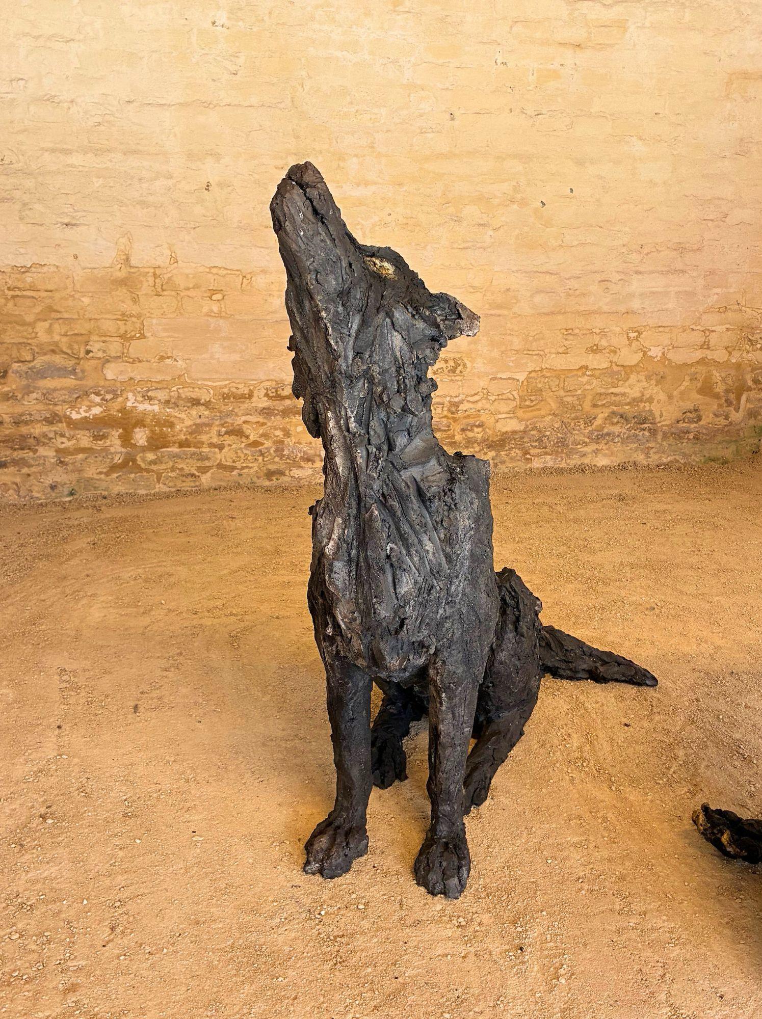 Lupus de Cécile Raynal - Escultura animal de gres cocido al humo, oscura en venta 4