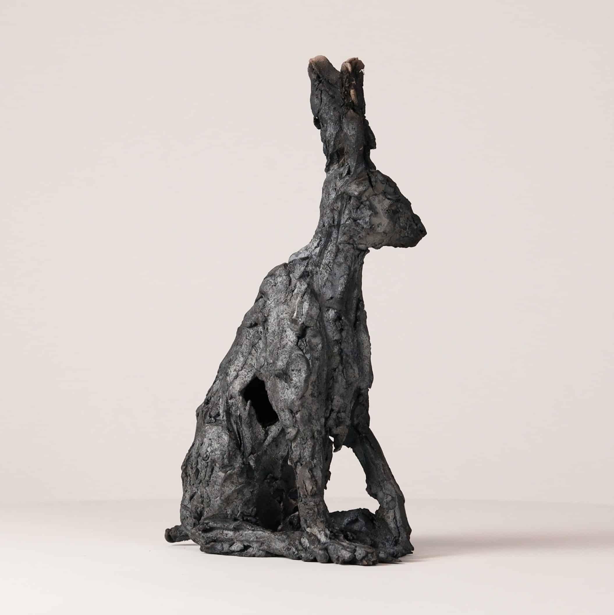 Seated hare by Cécile Raynal - Animal smoke-fired stoneware sculpture For Sale 2