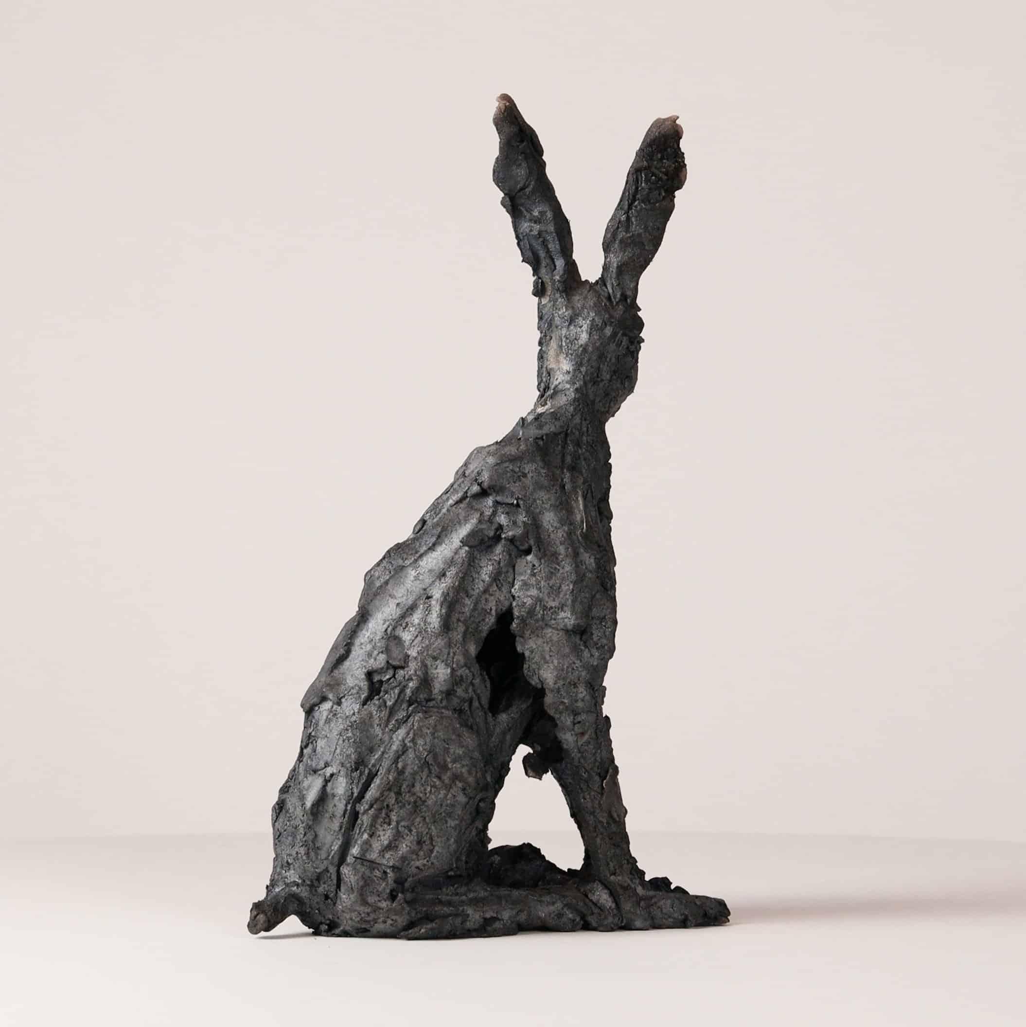 Seated hare by Cécile Raynal - Animal smoke-fired stoneware sculpture For Sale 4