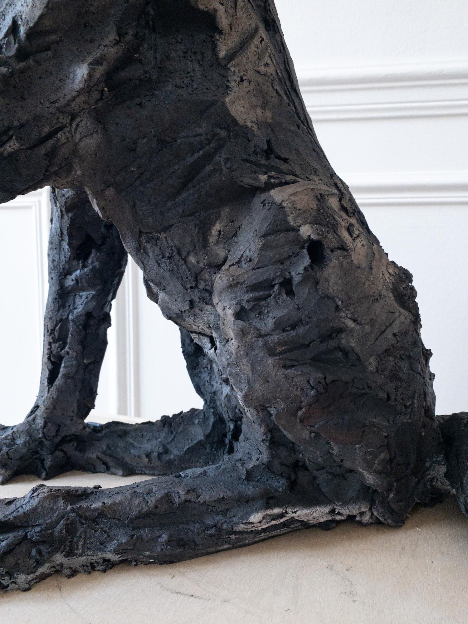 Loba de Cécile Raynal - Escultura animal de arenisca cocida al humo, fábula, oscura en venta 11