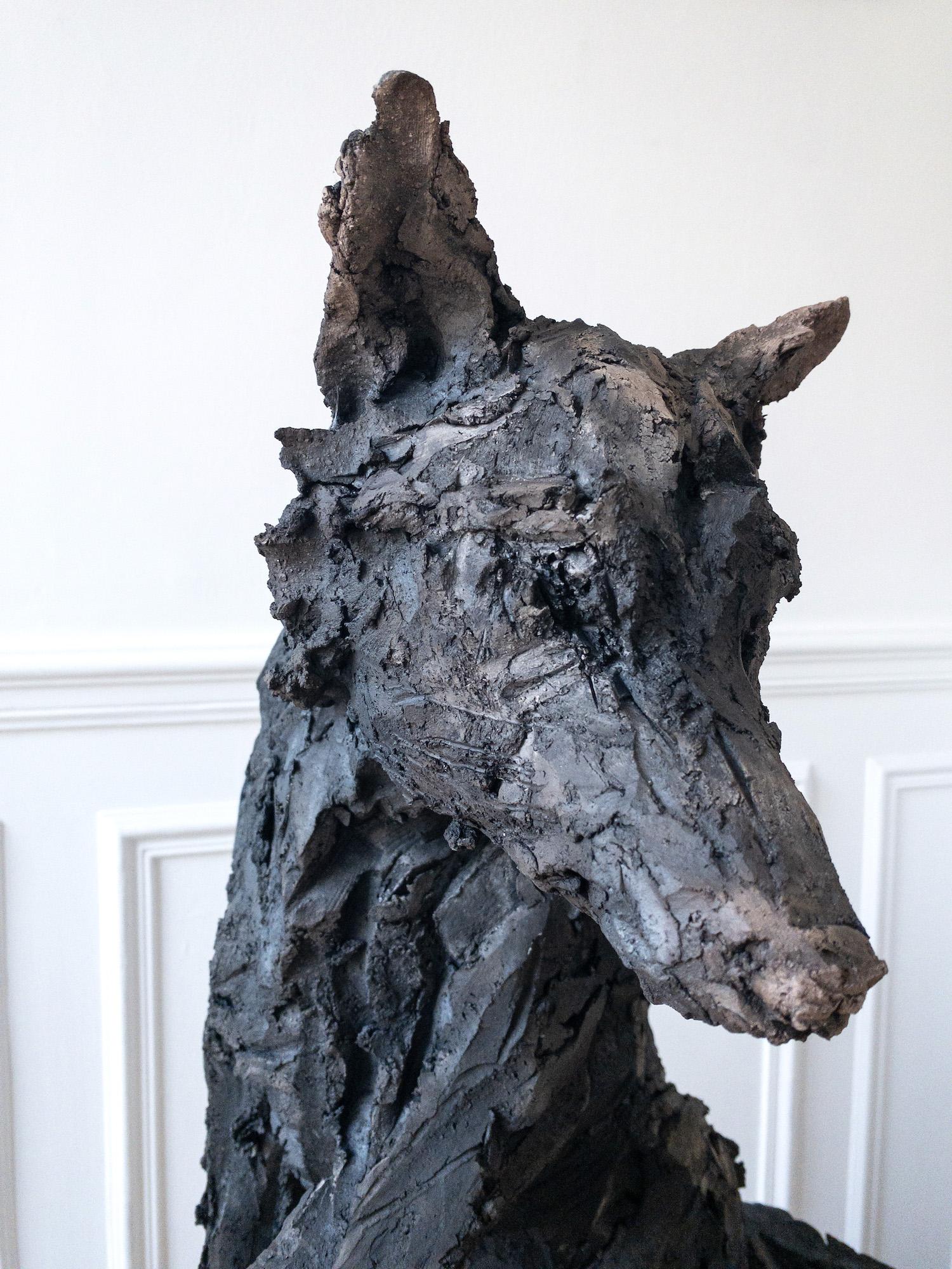 Loba de Cécile Raynal - Escultura animal de arenisca cocida al humo, fábula, oscura en venta 12