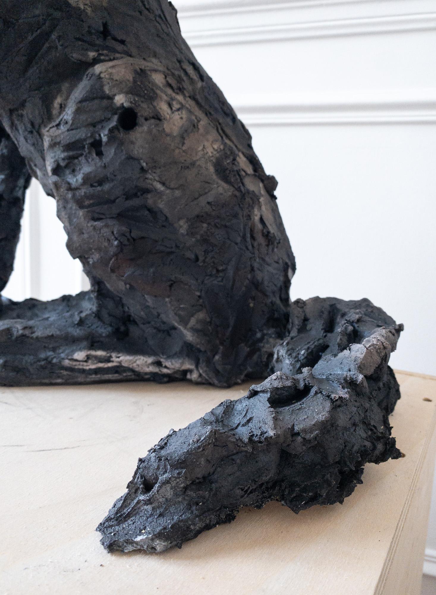 Loba de Cécile Raynal - Escultura animal de arenisca cocida al humo, fábula, oscura en venta 13