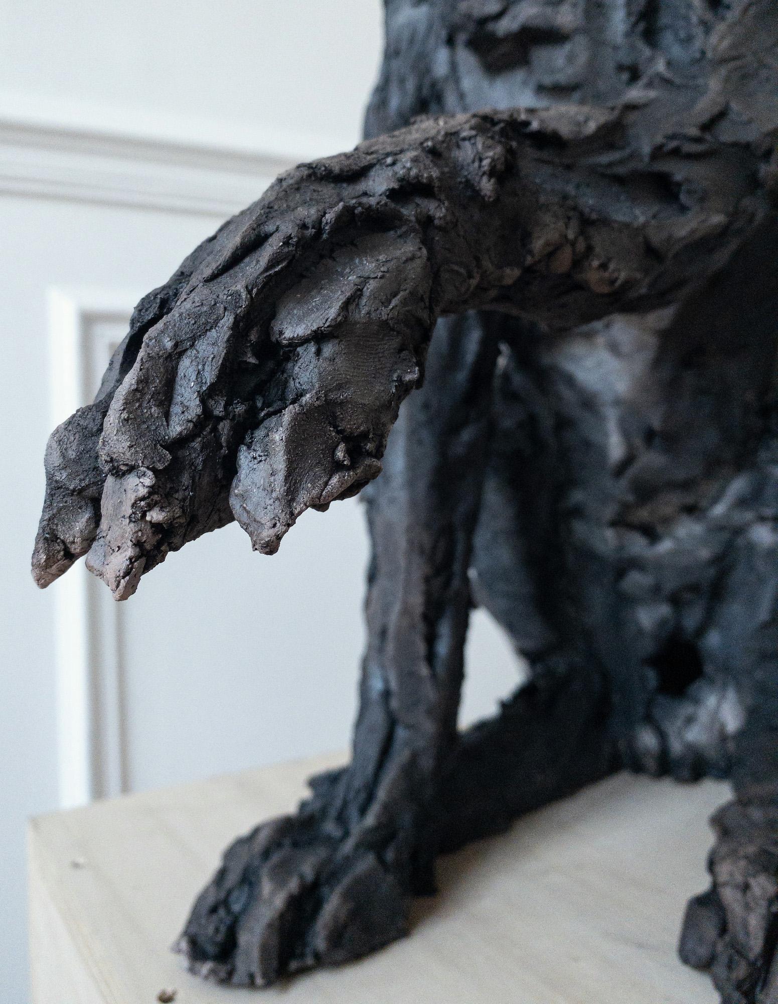 Loba de Cécile Raynal - Escultura animal de arenisca cocida al humo, fábula, oscura en venta 14