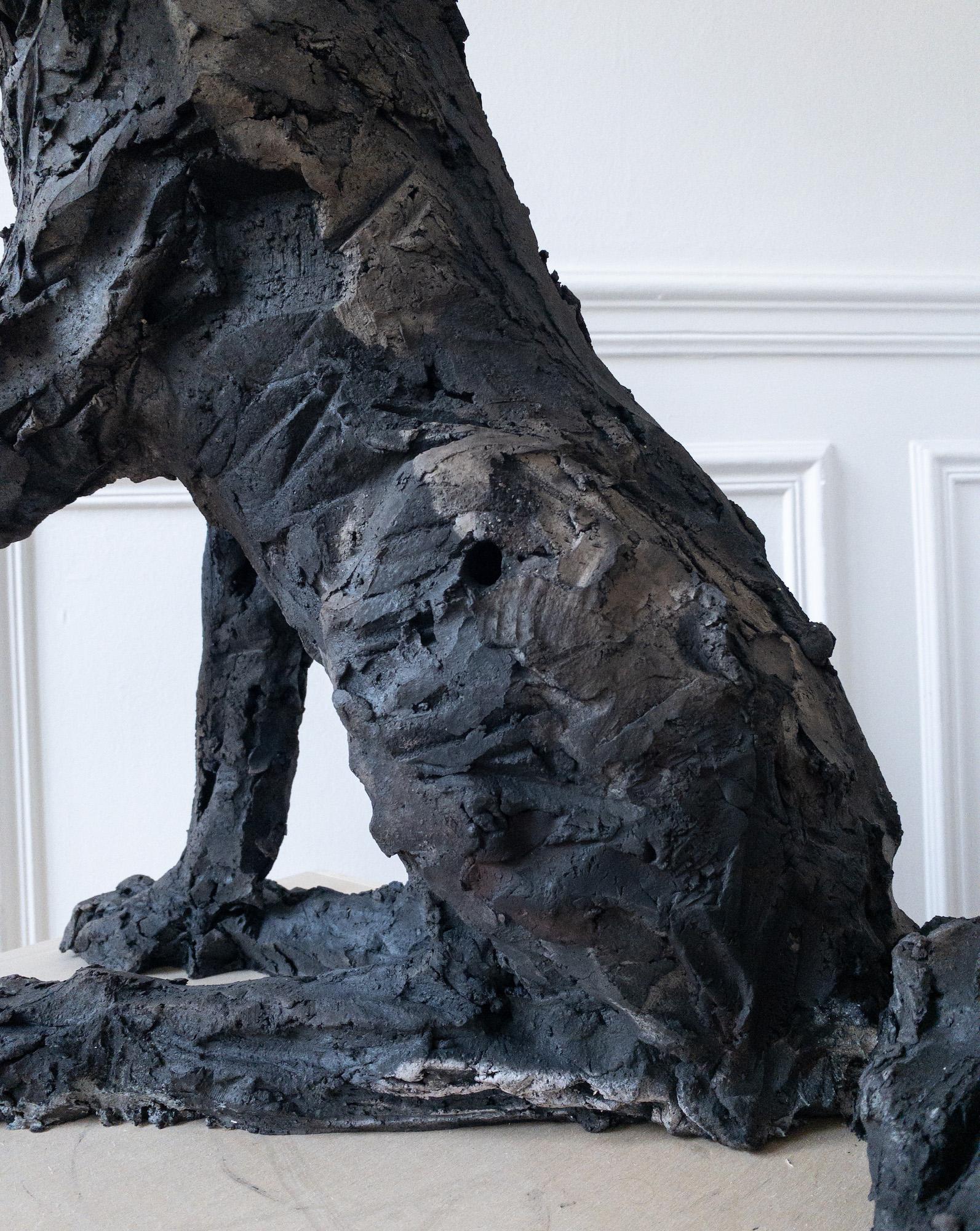 Loba de Cécile Raynal - Escultura animal de arenisca cocida al humo, fábula, oscura en venta 16