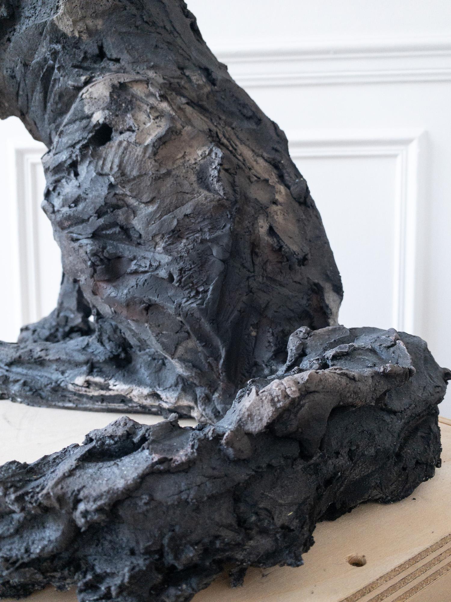 Loba de Cécile Raynal - Escultura animal de arenisca cocida al humo, fábula, oscura en venta 17