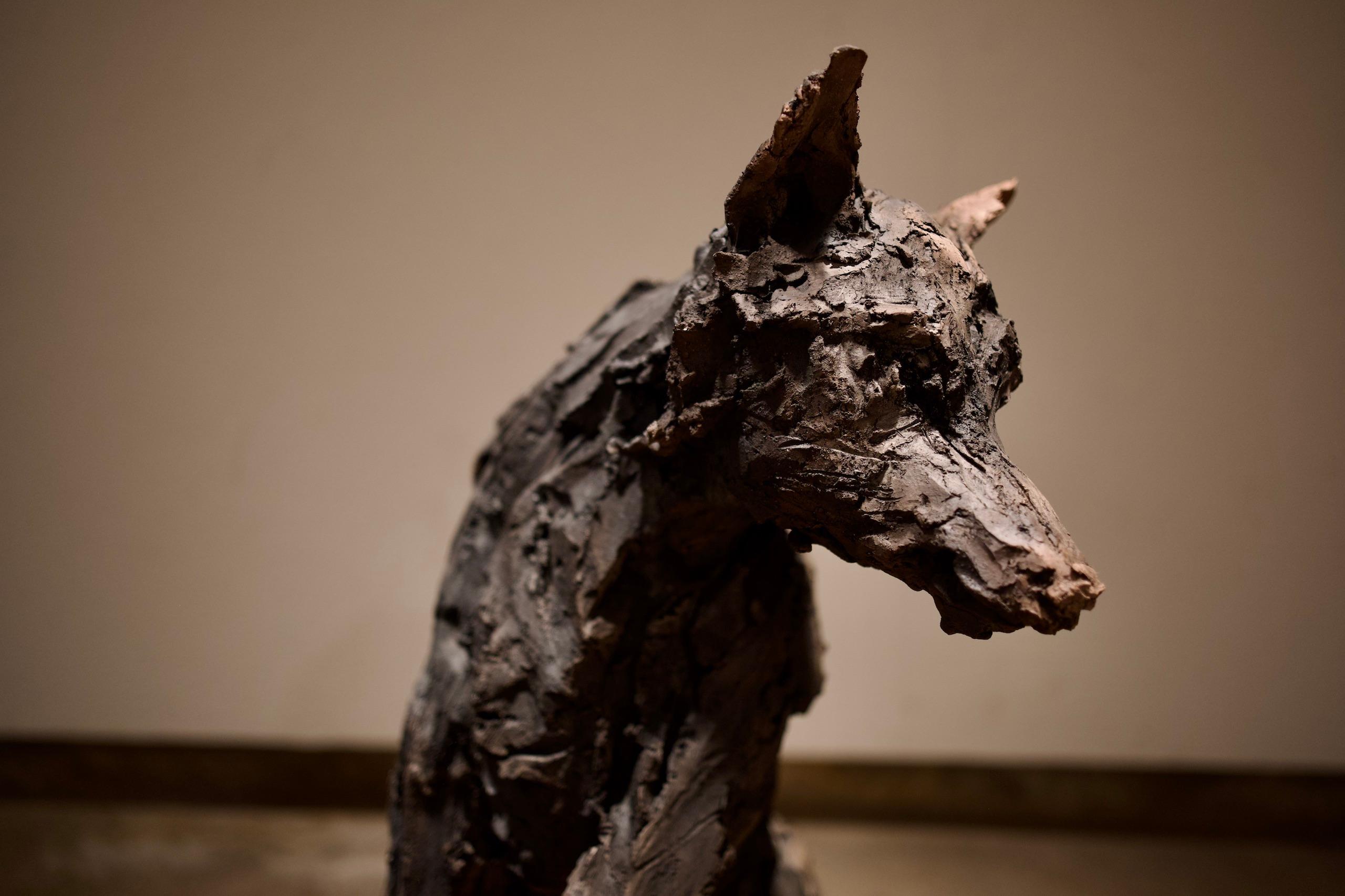 Loba de Cécile Raynal - Escultura animal de arenisca cocida al humo, fábula, oscura en venta 19
