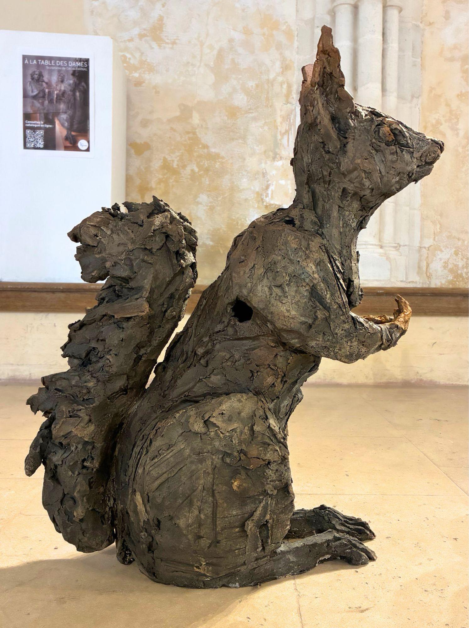 Squirrel by Cécile Raynal - Animal smoke-fired stoneware sculpture, fable, dark For Sale 2