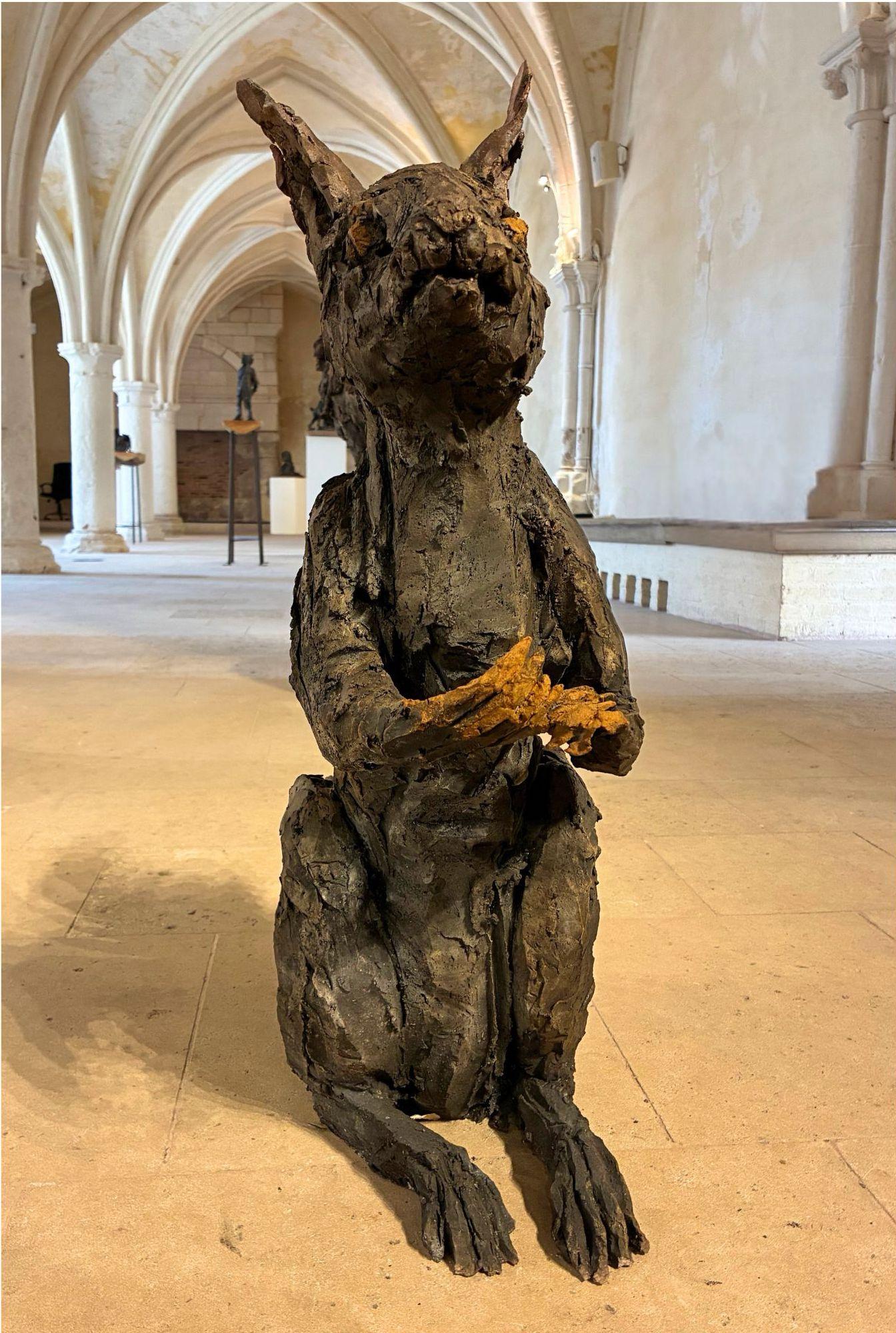 Squirrel by Cécile Raynal - Animal smoke-fired stoneware sculpture, fable, dark For Sale 3
