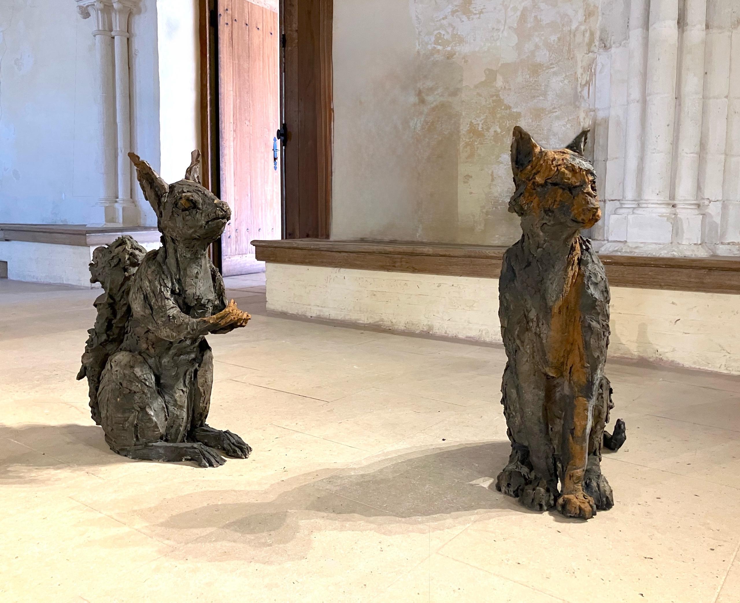 Squirrel by Cécile Raynal - Animal smoke-fired stoneware sculpture, fable, dark For Sale 7