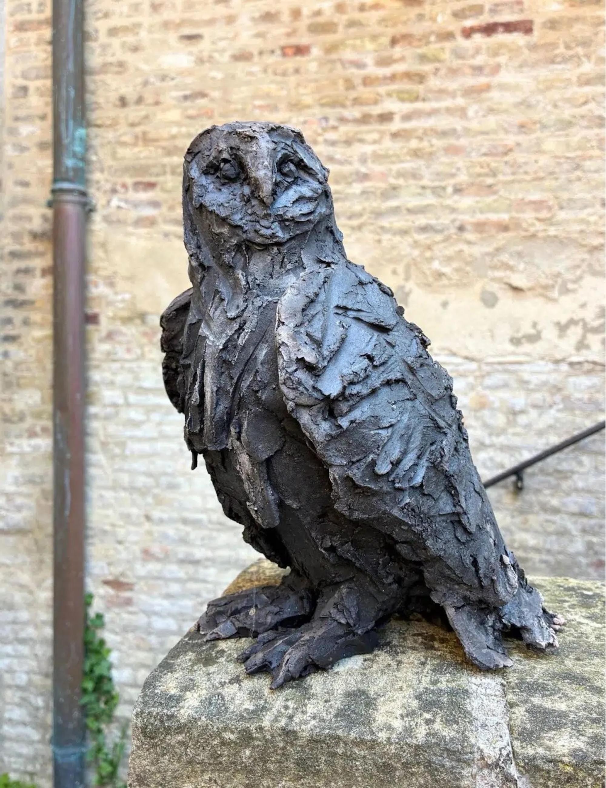 The beasts (owl) is a unique smoke-fired stoneware sculpture by French contemporary artist Cécile Raynal, dimensions are 25 cm × 19 cm × 19 cm (9.8 × 7.5 × 7.5 in)

This work was conceived as part of Les bêtes (The Beasts), a sculptural installation