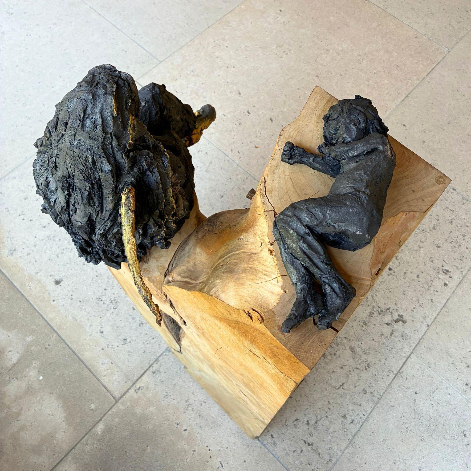 Tire d'aile (avec Natacha) von Cécile Raynal - Skulptur aus Steingut, Holz, Pigment im Angebot 13