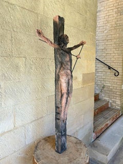 Un Christ by Cécile Raynal - stoneware sculpture, steel, oak plinth